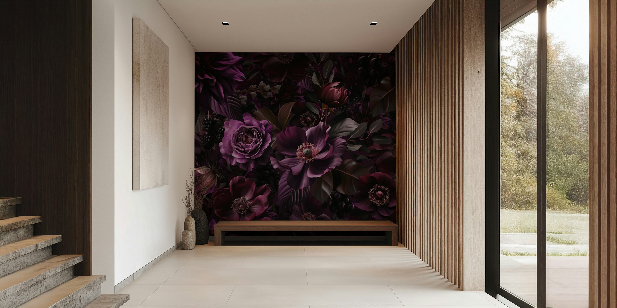 Mural de parede opulento com flores barrocas em roxo malva com florais exuberantes em tons de roxo escuro em happywall.com