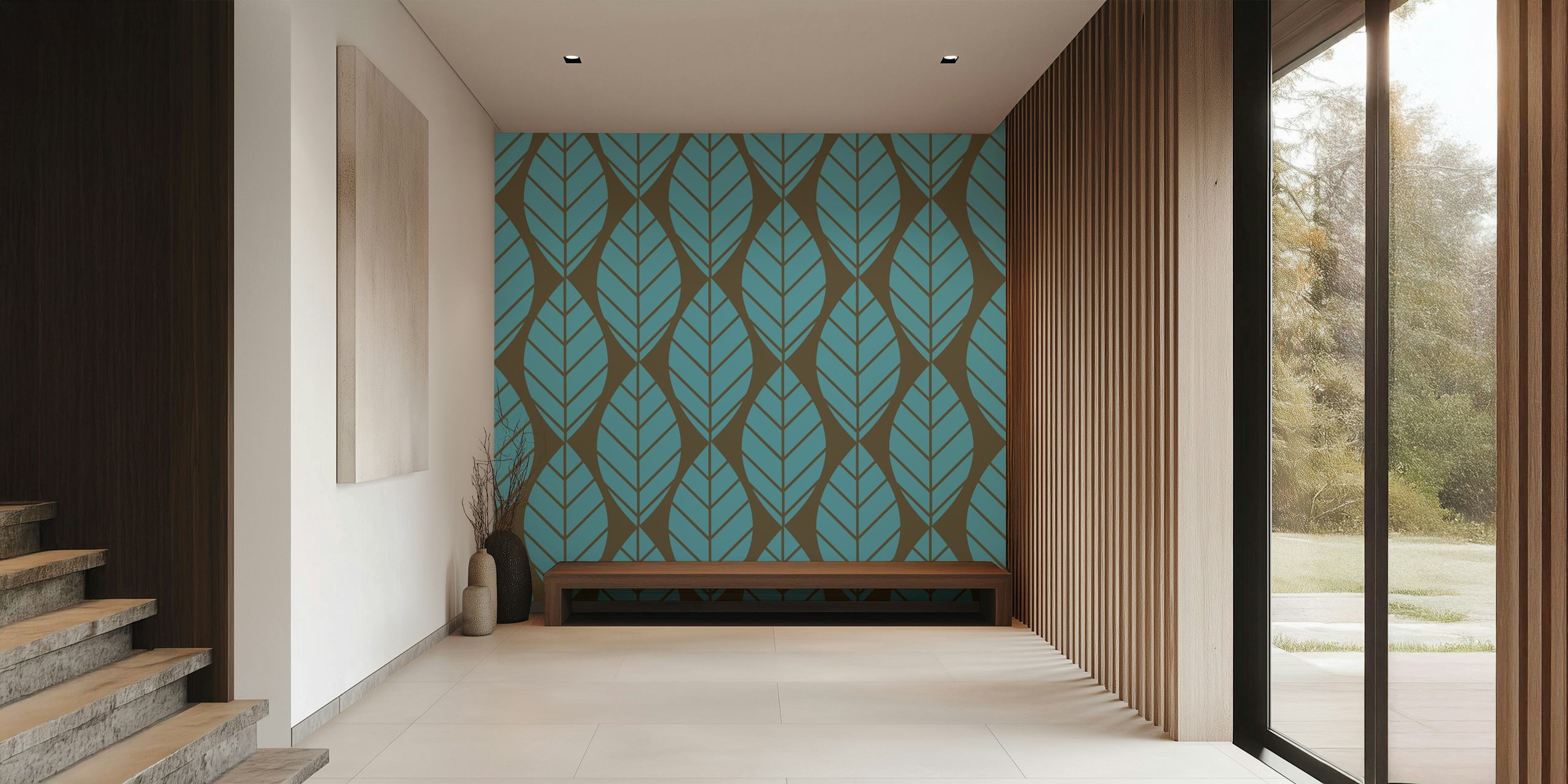 Leaf pattern in aqua and mocha brown wallpaper