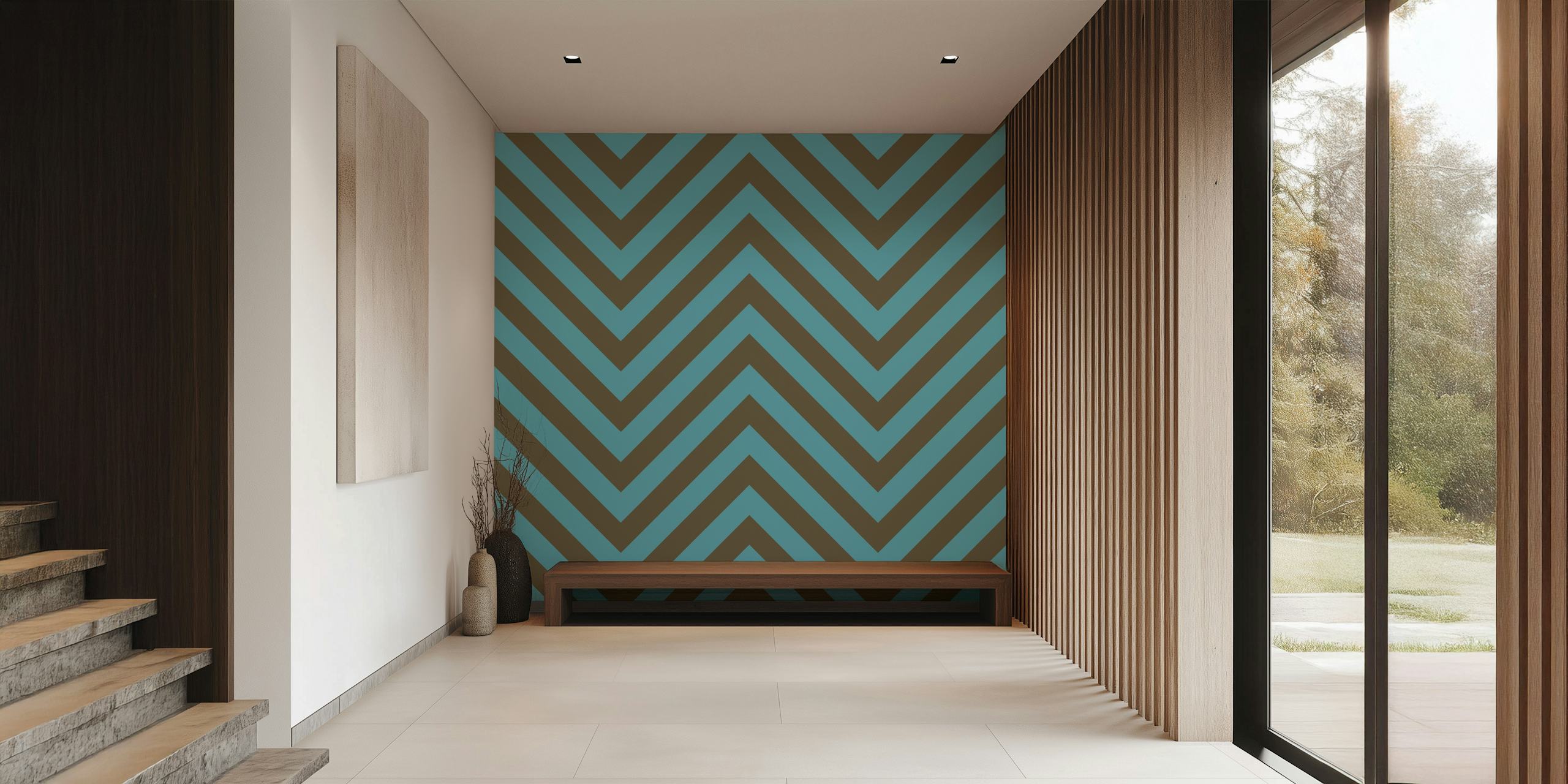 Chevron pattern wallpaper in teal blue e beige brown