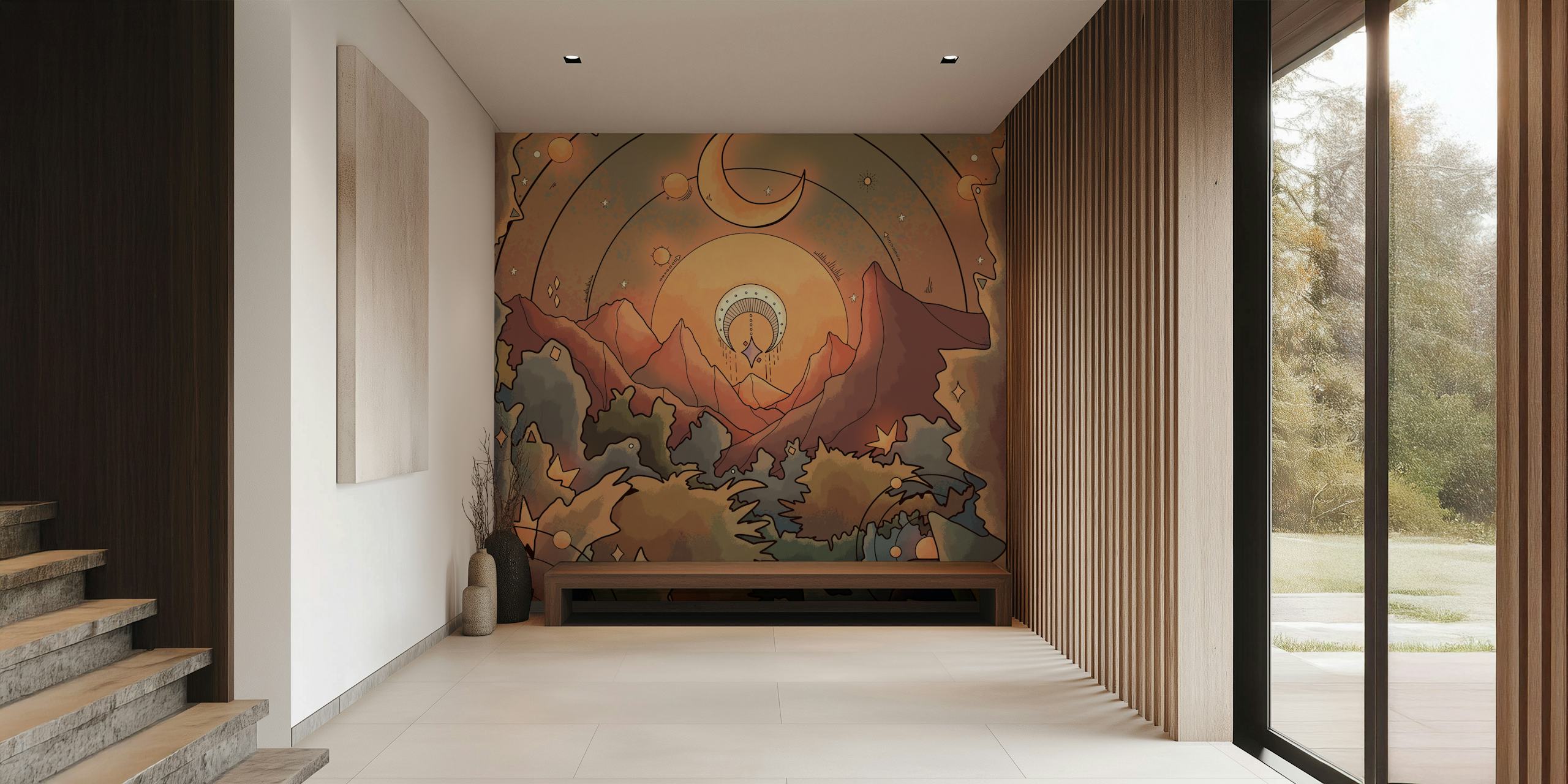 Enchanted forest wall mural with stars, crescent moon, and hot air balloon