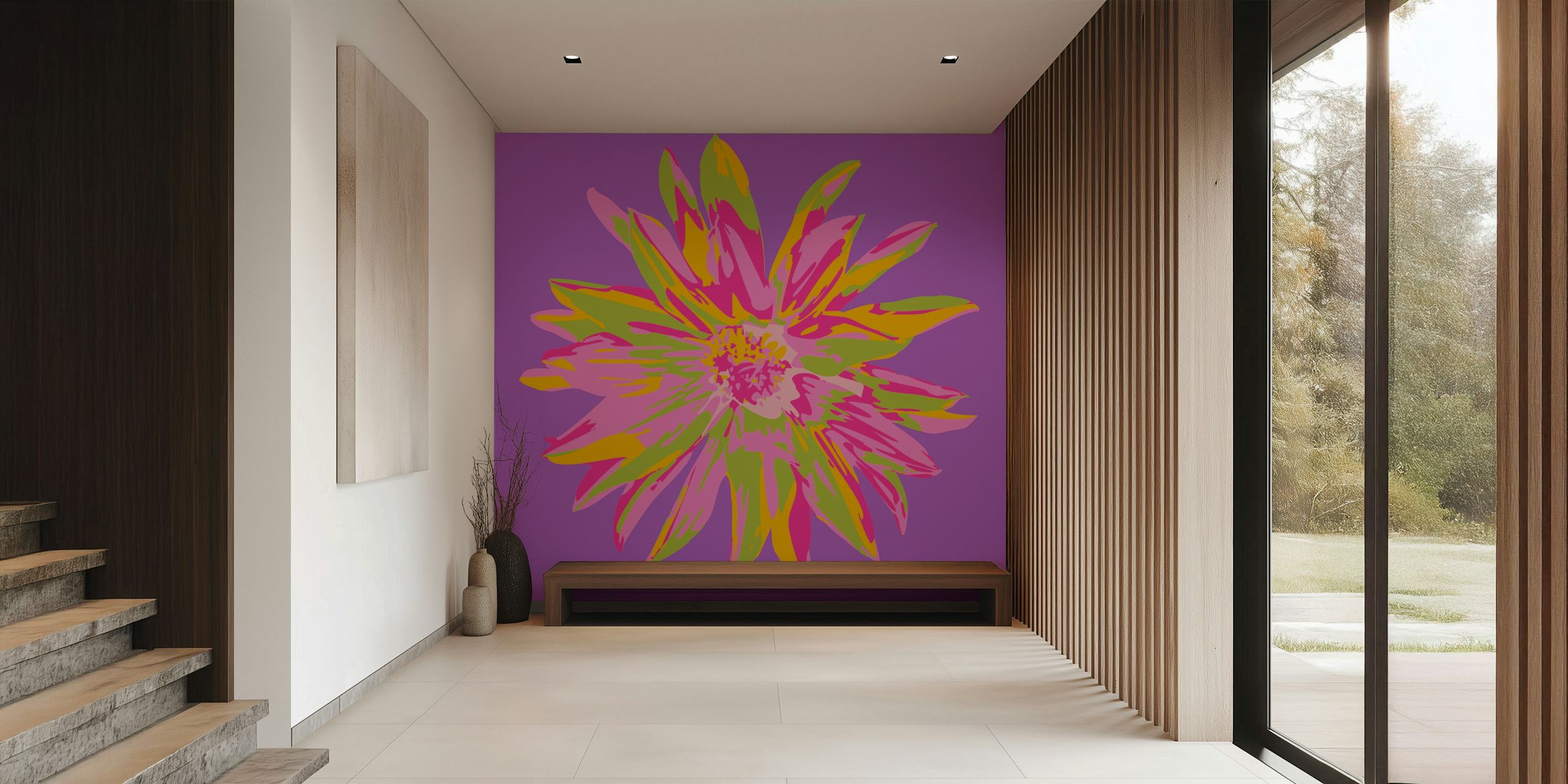 Pink floral design with yellow and green accents on violet wallpaper