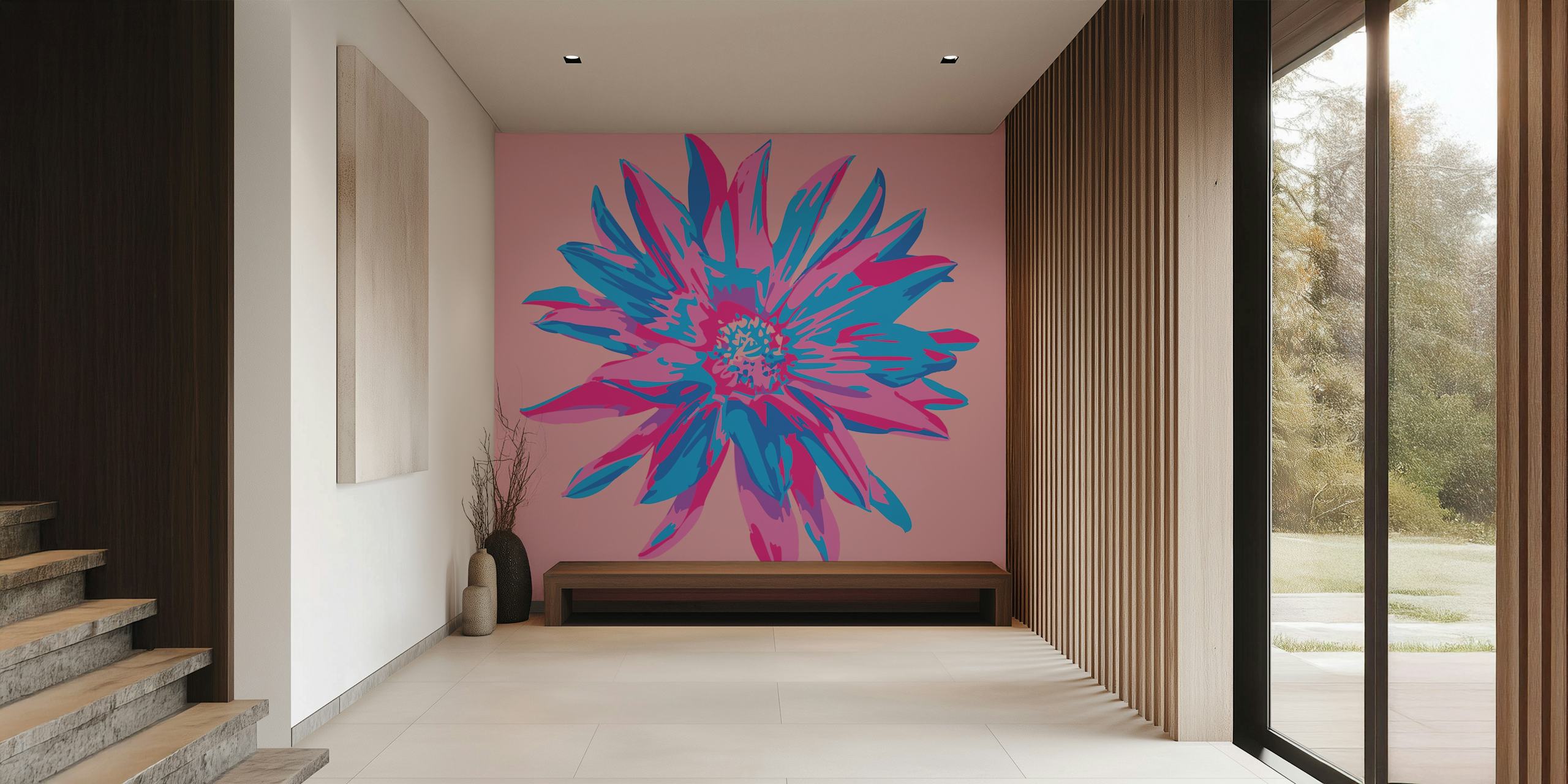 Abstraktní fototapeta jiřina v růžových a modrých odstínech na růžovém pozadí