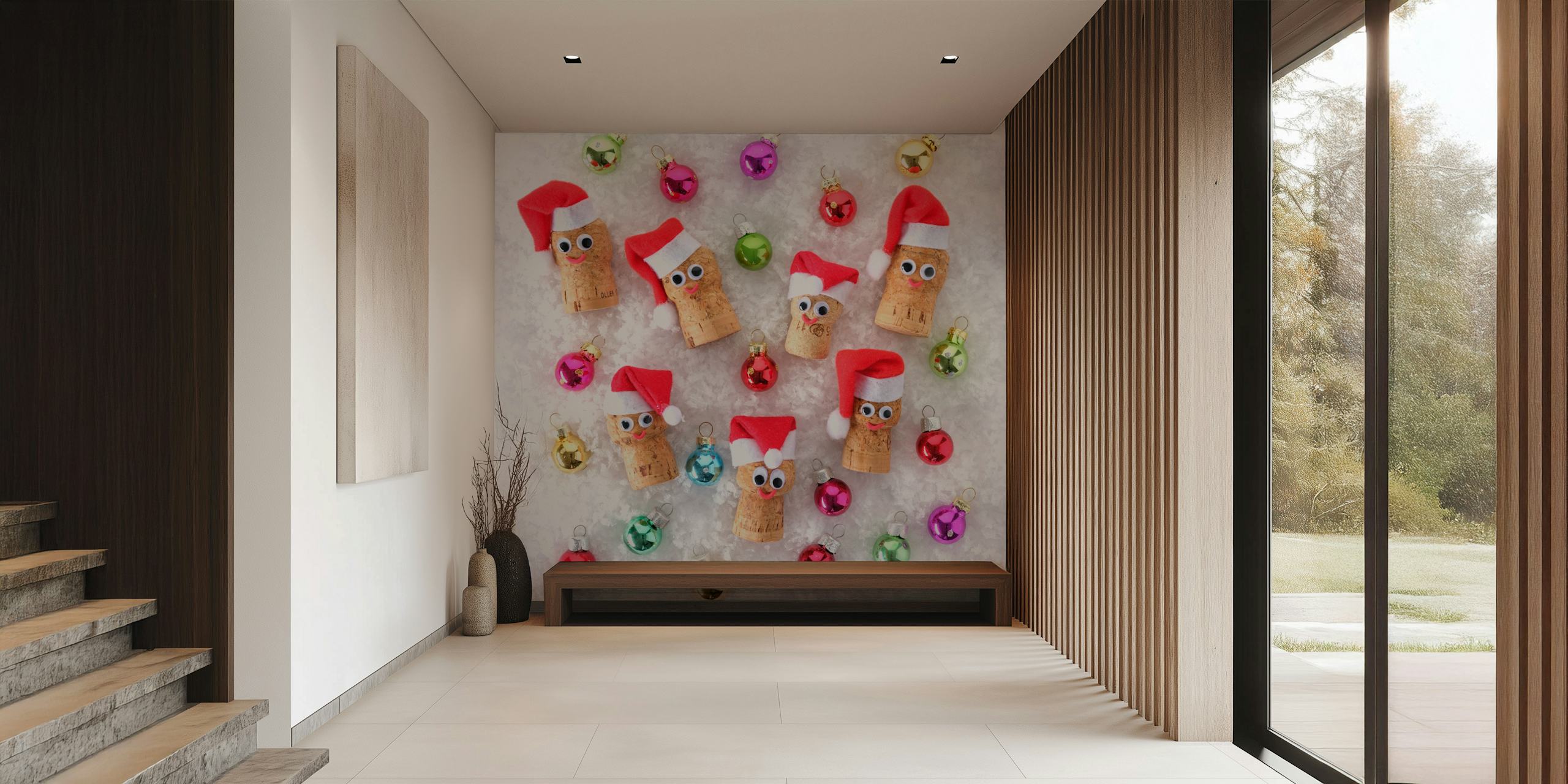 Divertente murale natalizio con tappi di sughero decorati con cappelli di Babbo Natale e palline colorate su uno sfondo innevato