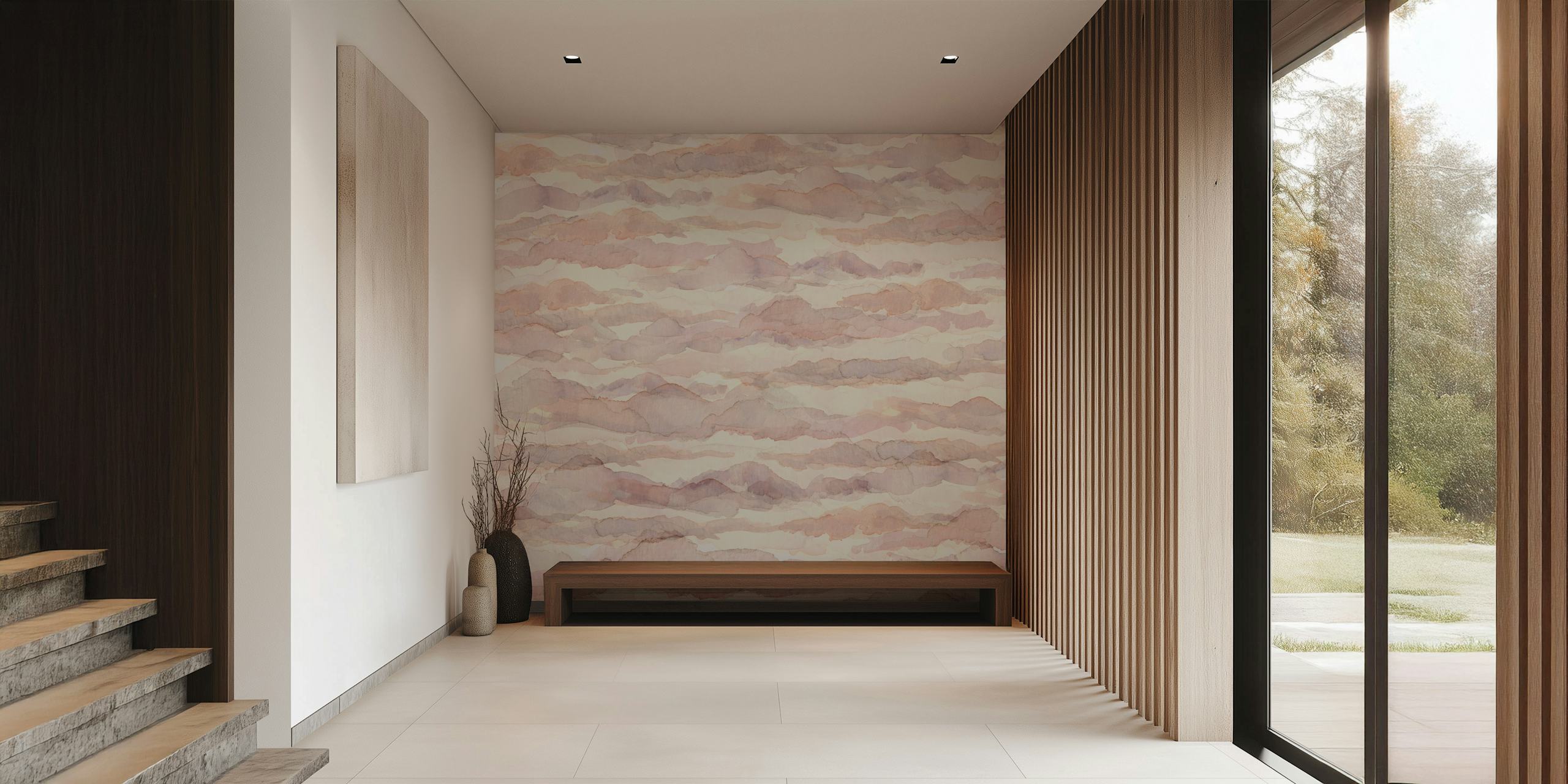 Papier peint mural motif nuage aquarelle subtil rose et crème
