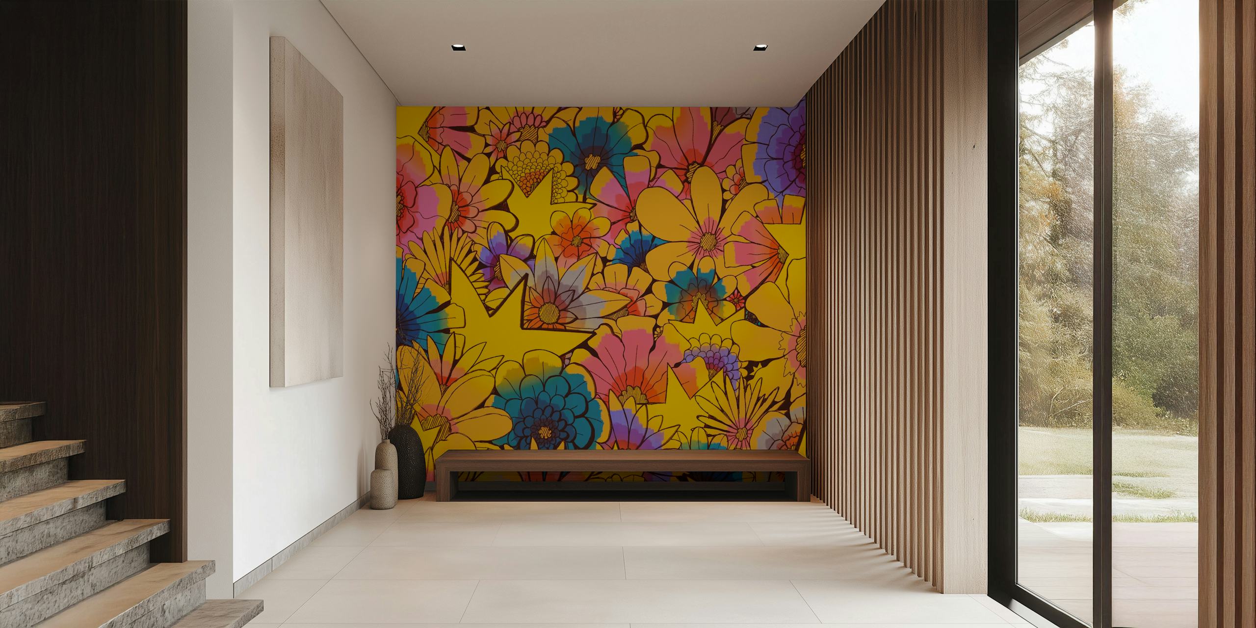 Carta da parati colorata stars and flowers in una stanza