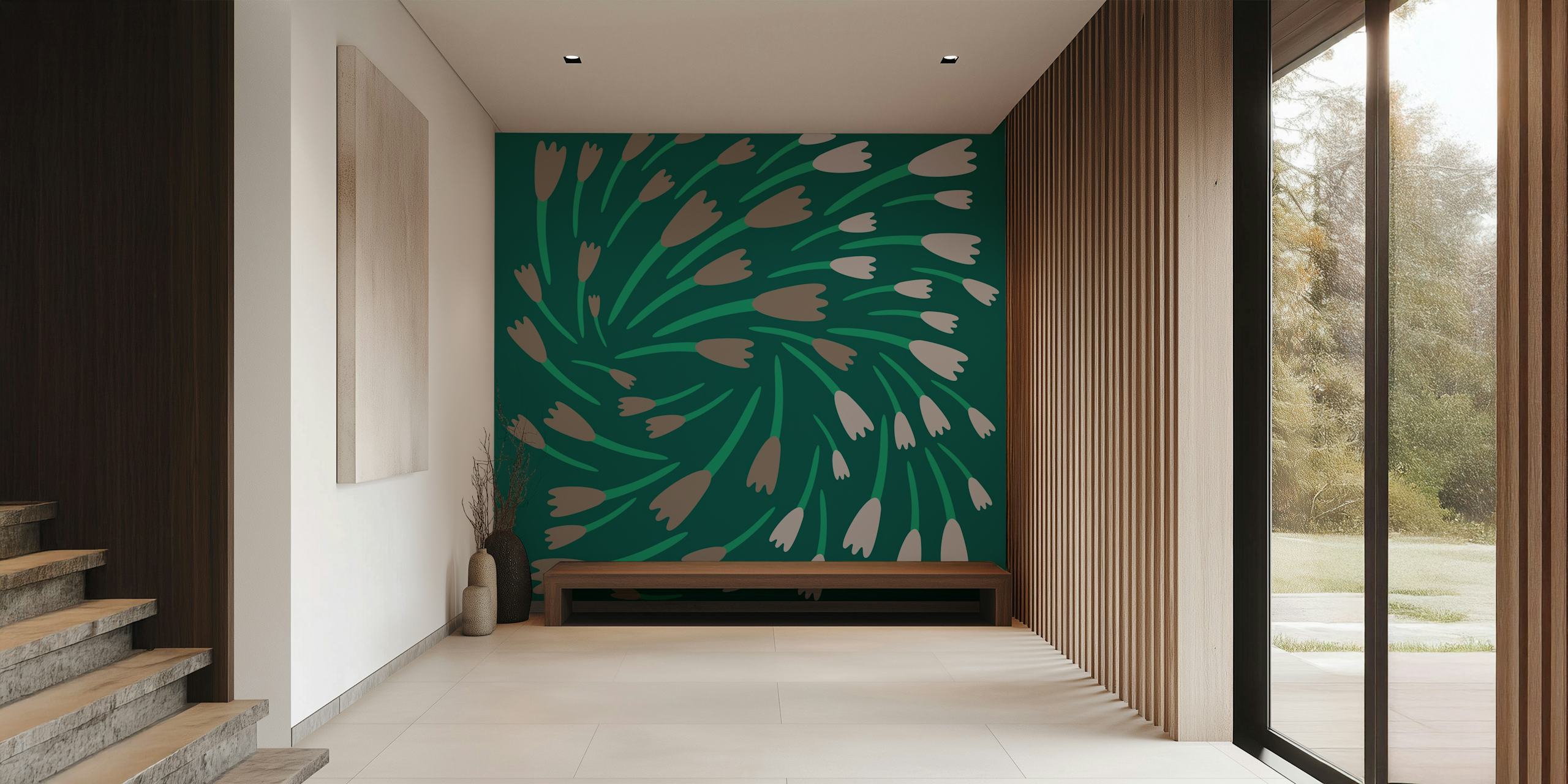 Zidna obloga Dark green s dizajnom turning flowers