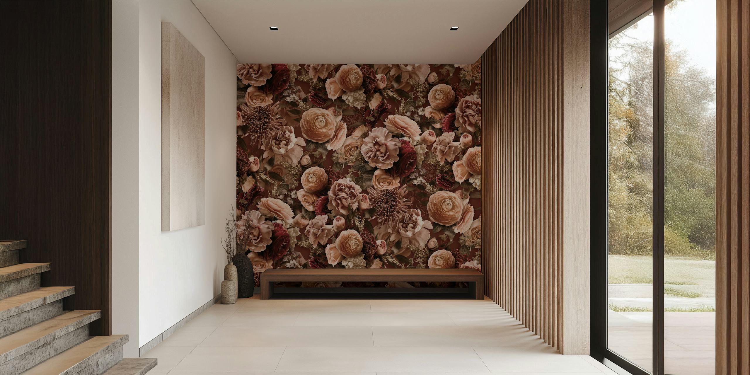 Baroque floral pattern in peach, pink, and brown wallpaper