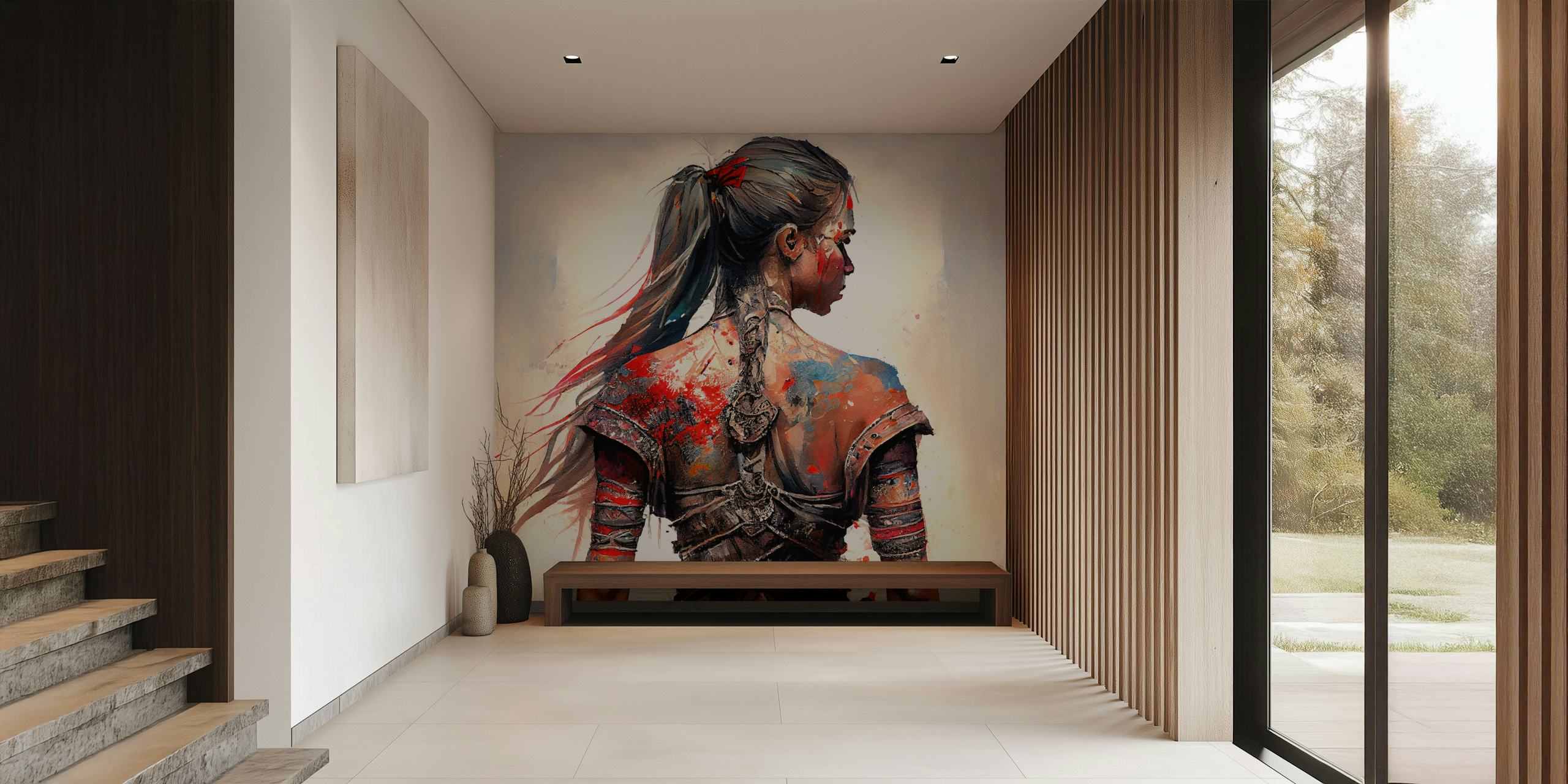 Colorful warrior woman with detailed armor and vibrant paint splashes wallpaper