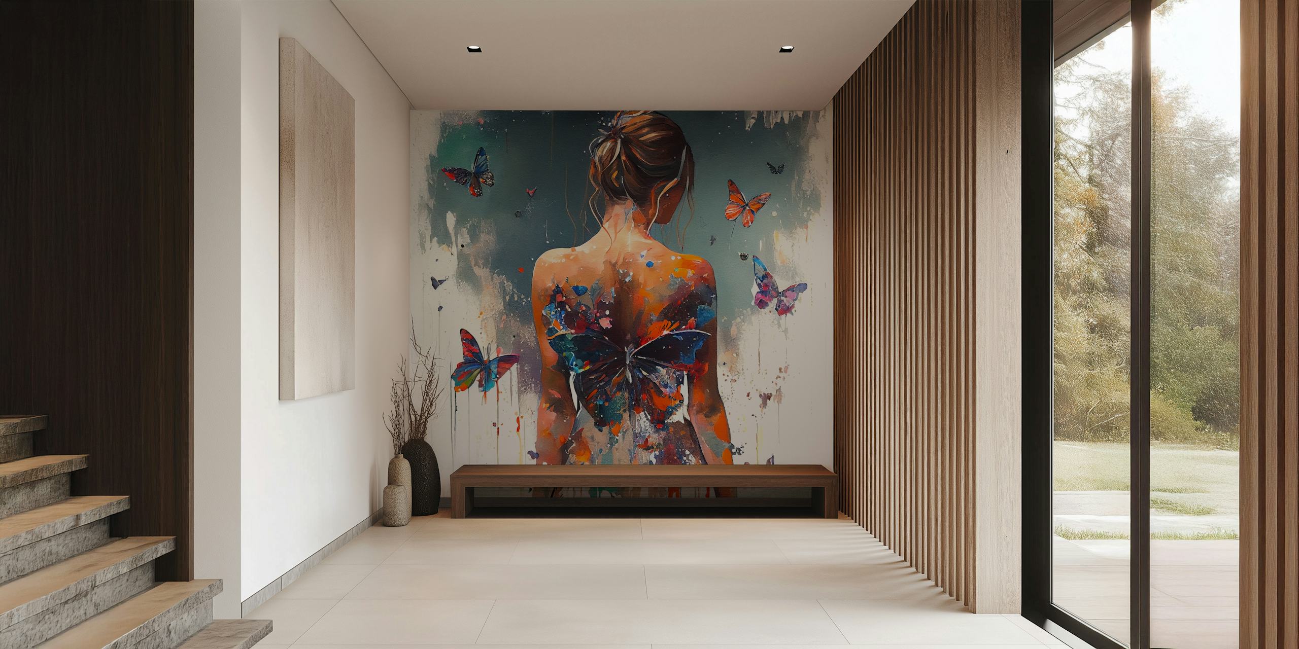 Powerful butterfly woman body wallpaper in a room