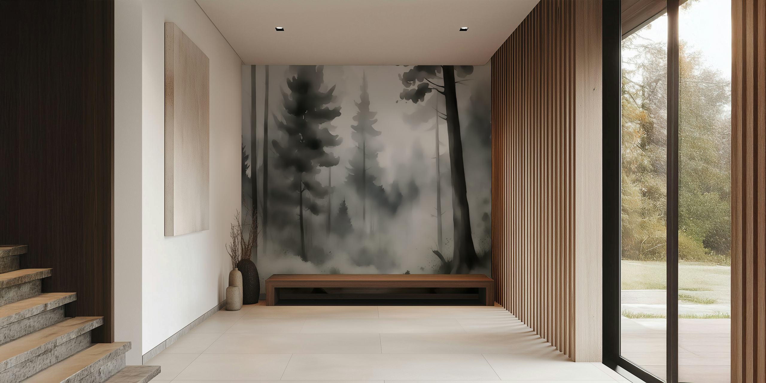 Black and white wall mural depicting a misty forest with tall trees and fog