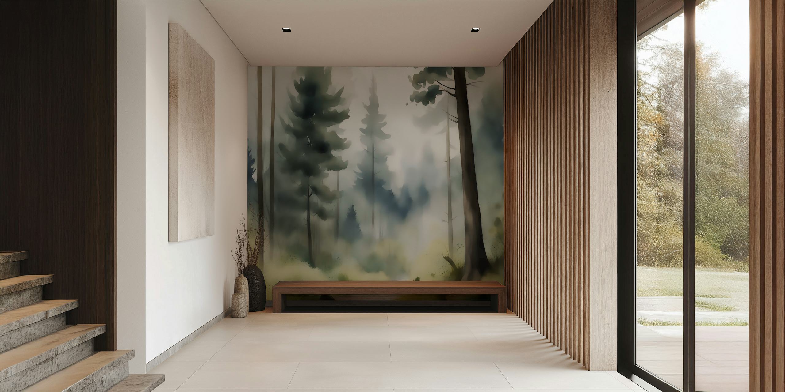 Misty forest path with trees and soft green tones wallpaper