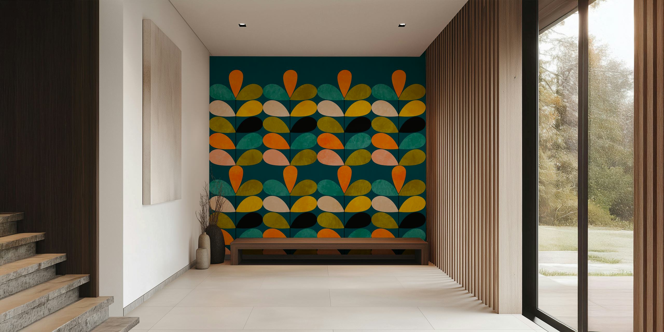 Mid mod colorful leaves on teal in un ambiente di stanza