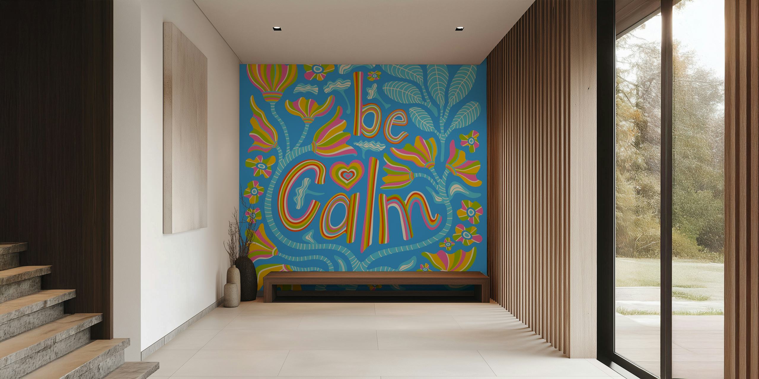 Colorful flowers and lettering saying 'Be Calm' on vibrant blue wallpaper