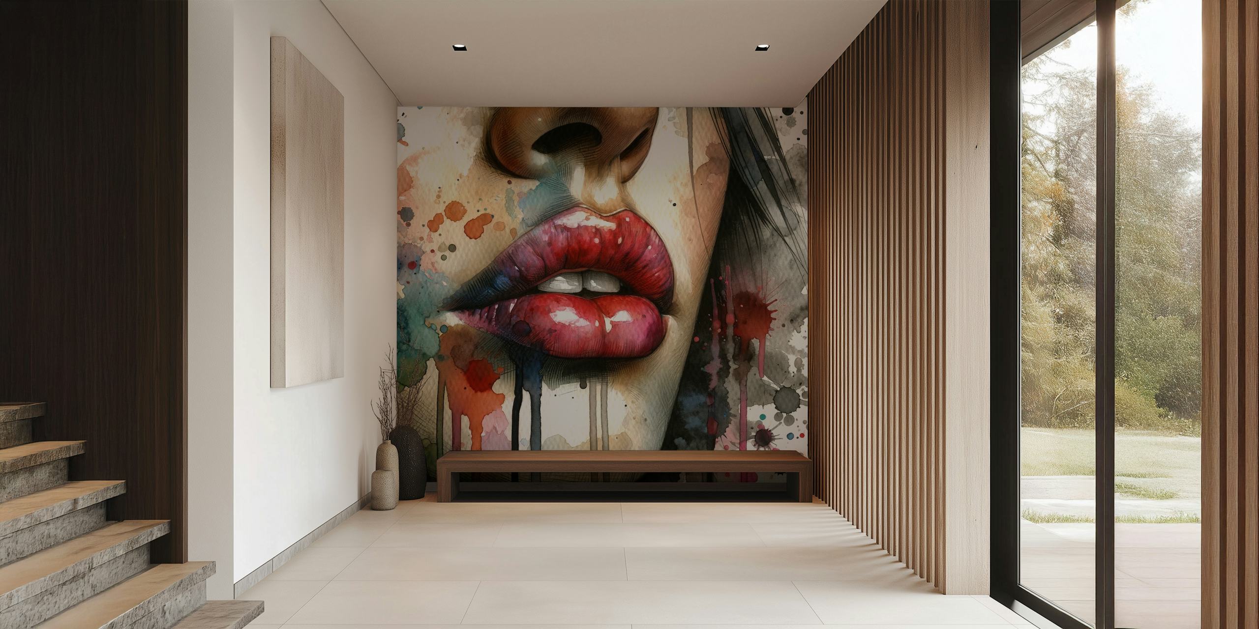 Abstrakt akvarellmålning av en kvinnas läppar med livfulla färgstänk