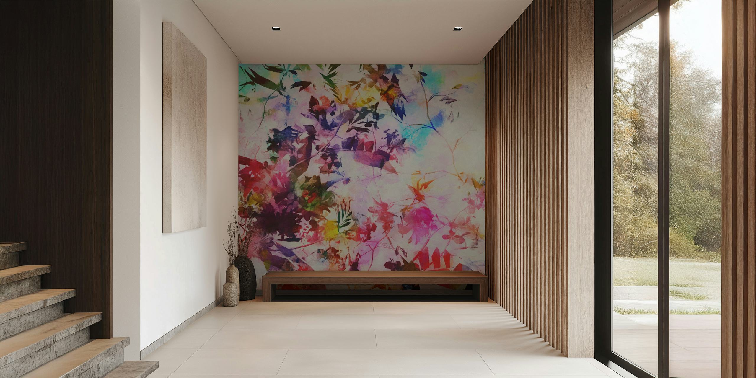 Colorful floral pattern with pink, green, and blue hues wallpaper