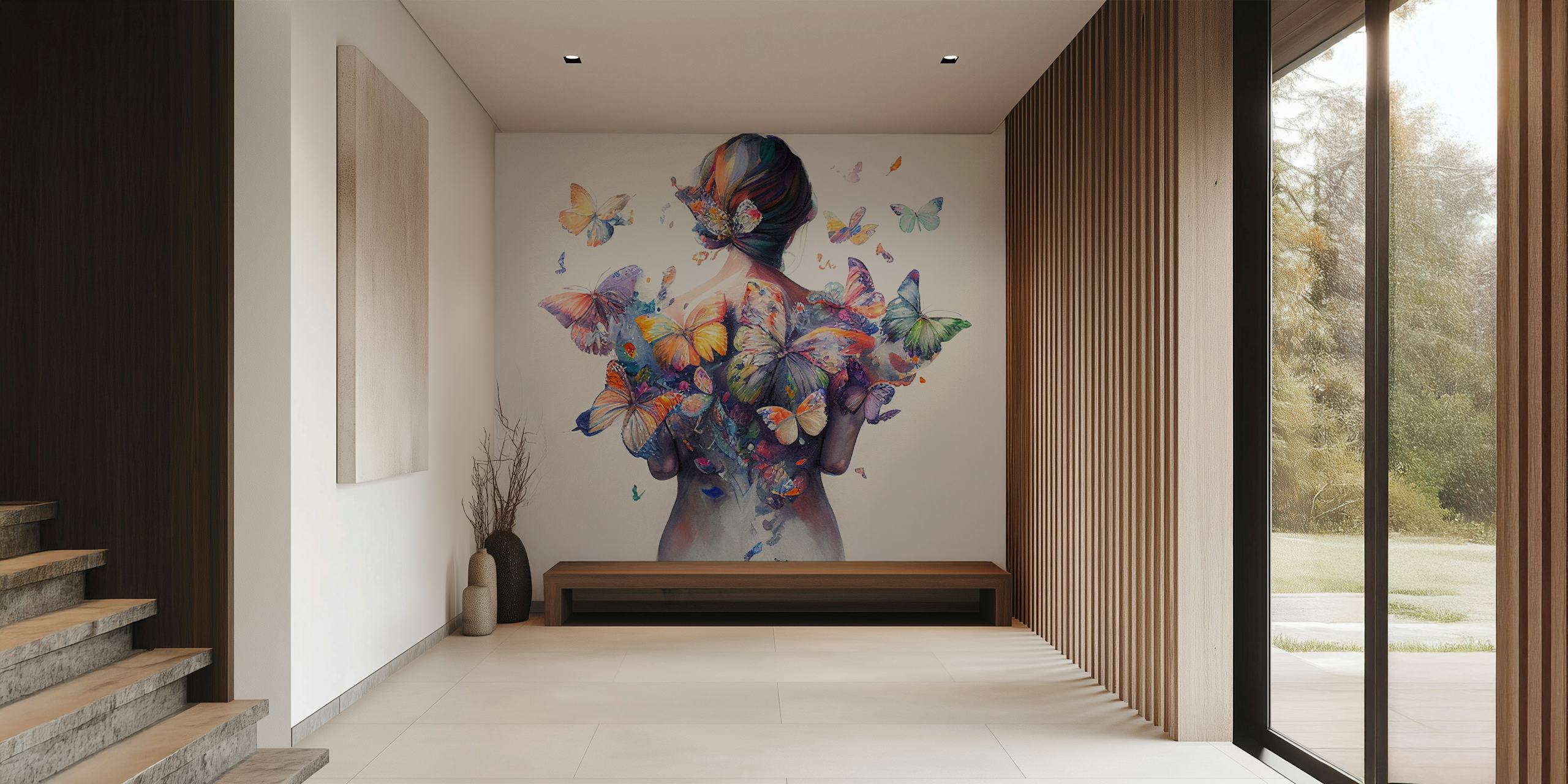 Mural artístico em aquarela da silhueta de uma mulher com borboletas