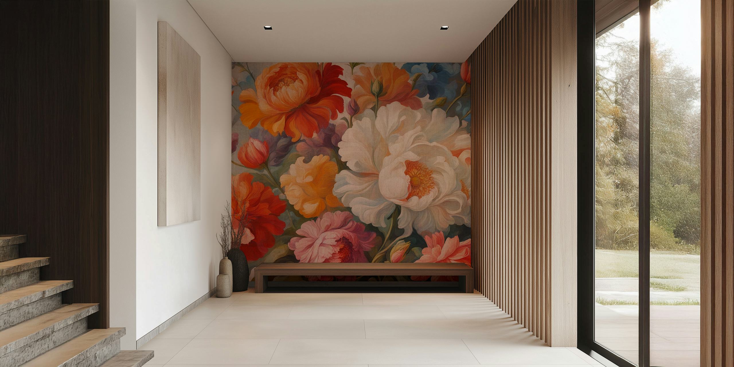 Moody baroque flower bouquet tapet i ett rum