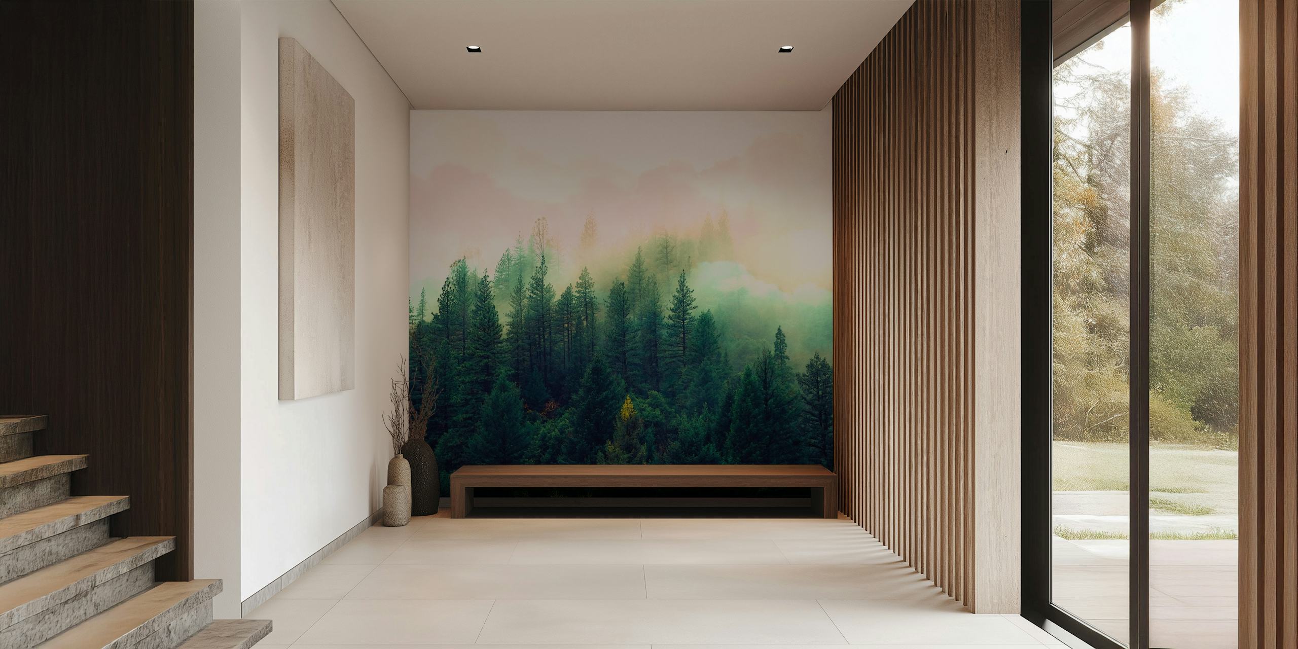 Mountain landscape painting wallpaper in room