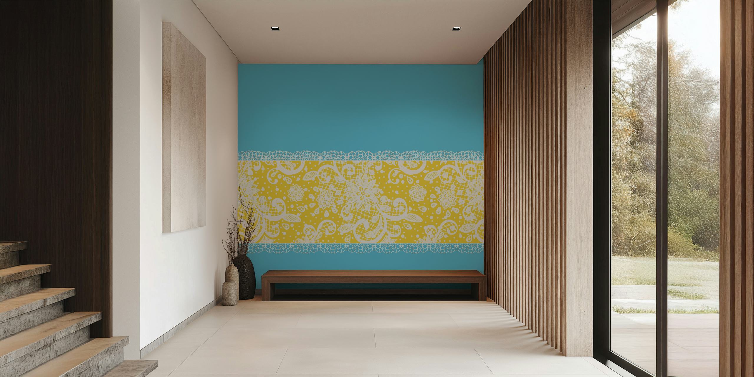 Blue and yellow lace stripe wall mural with intricate patterns
