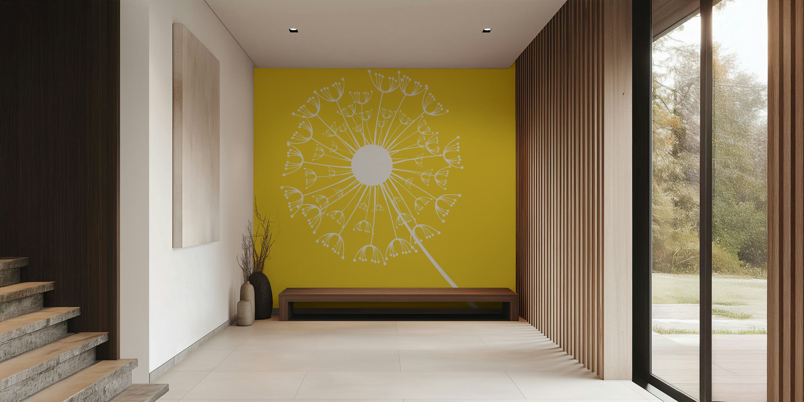 White dandelion pattern on mustard yellow background wallpaper