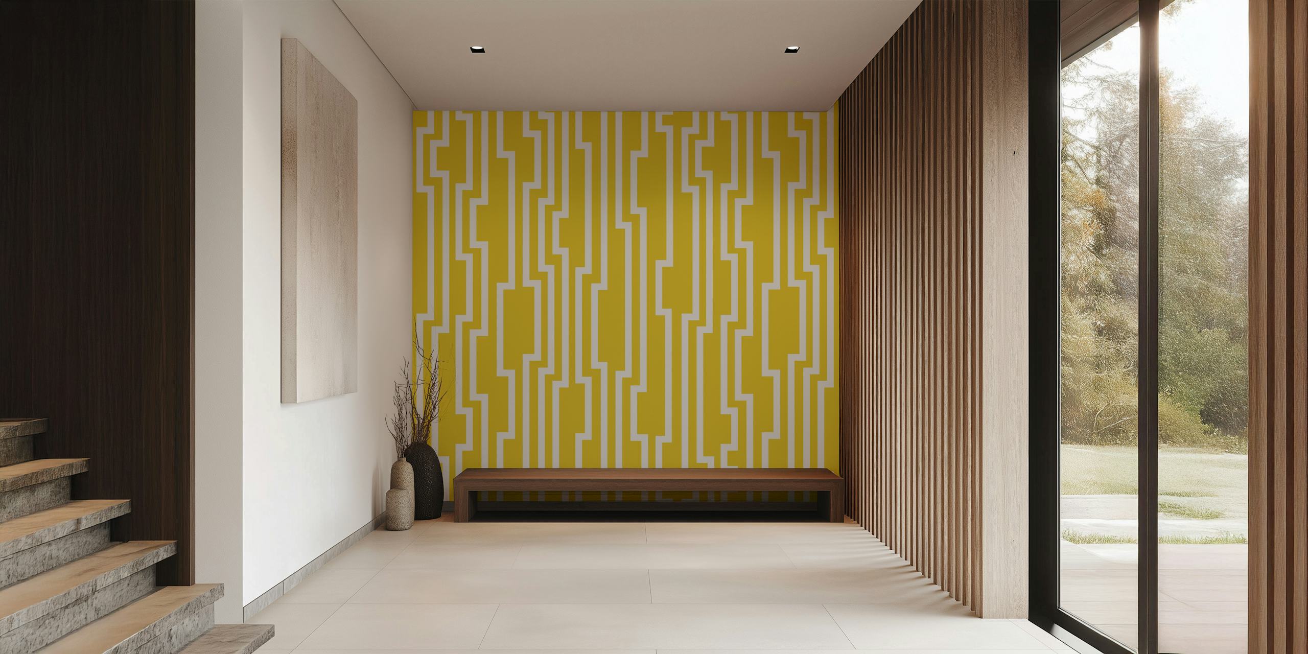 Behang White Mustard Stripes in een kamer