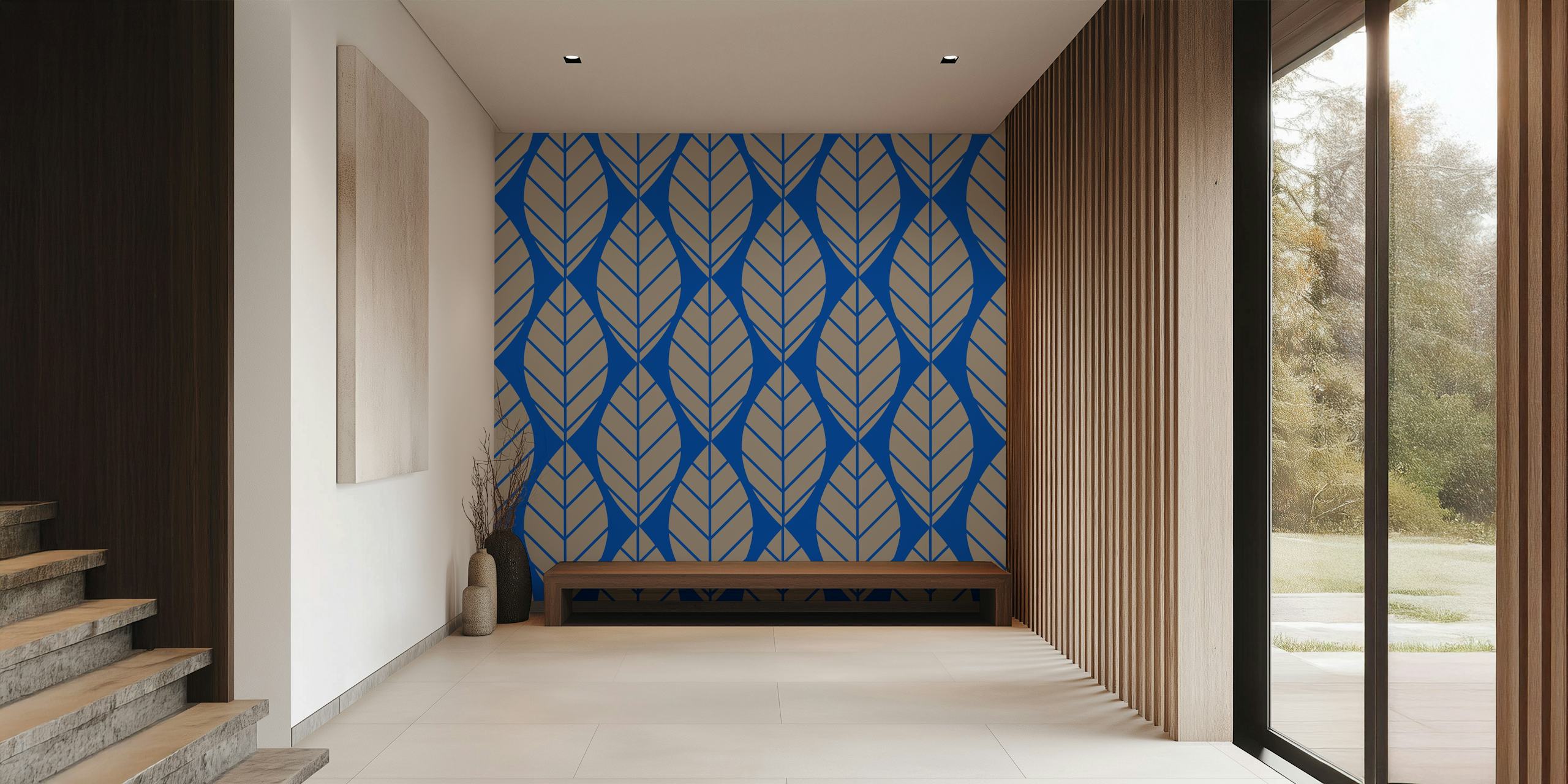 Leaf pattern in cobalt blue and beige wallpaper