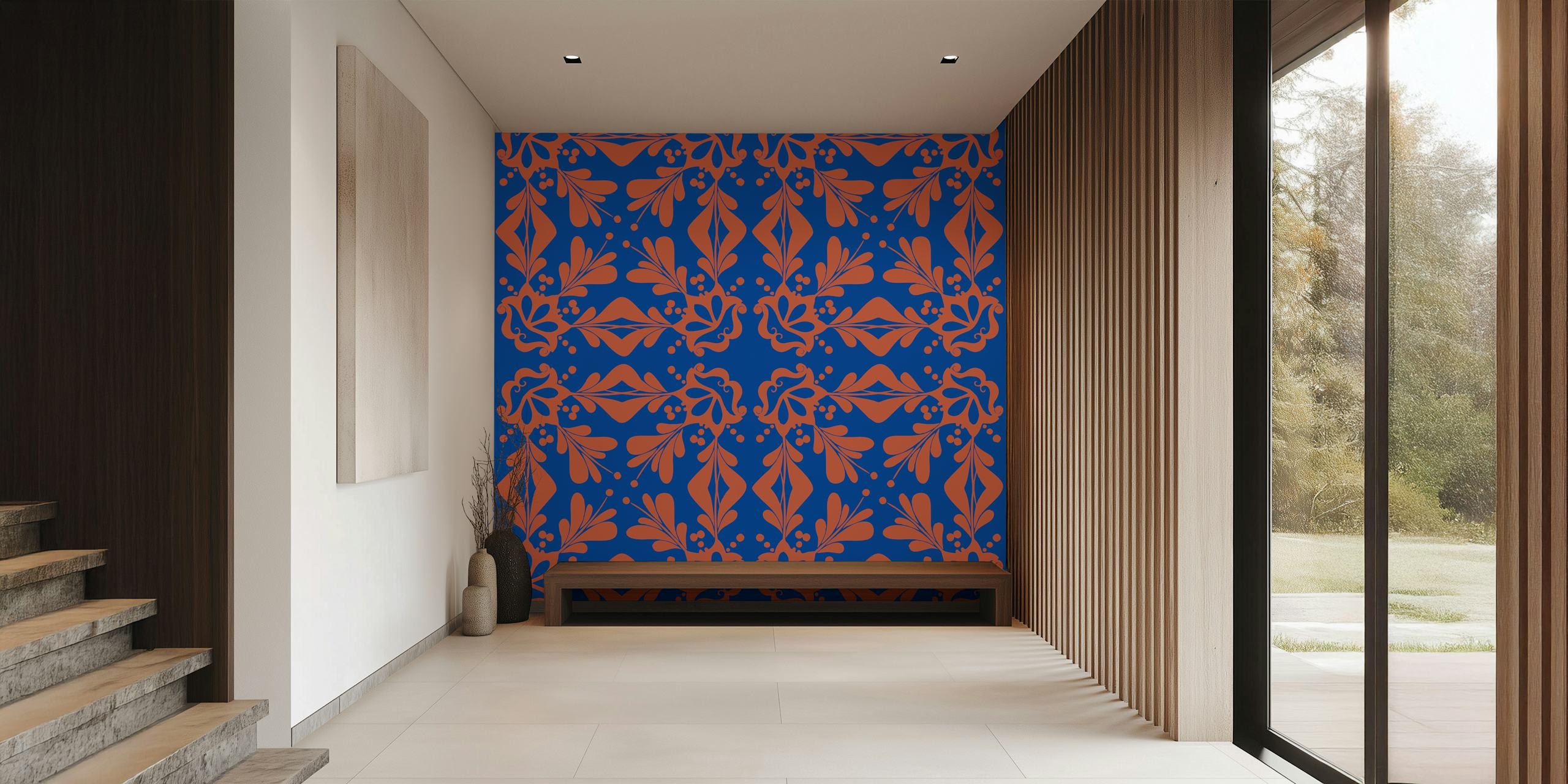 Moroccan cobalt blue orange ornament wallpaper design