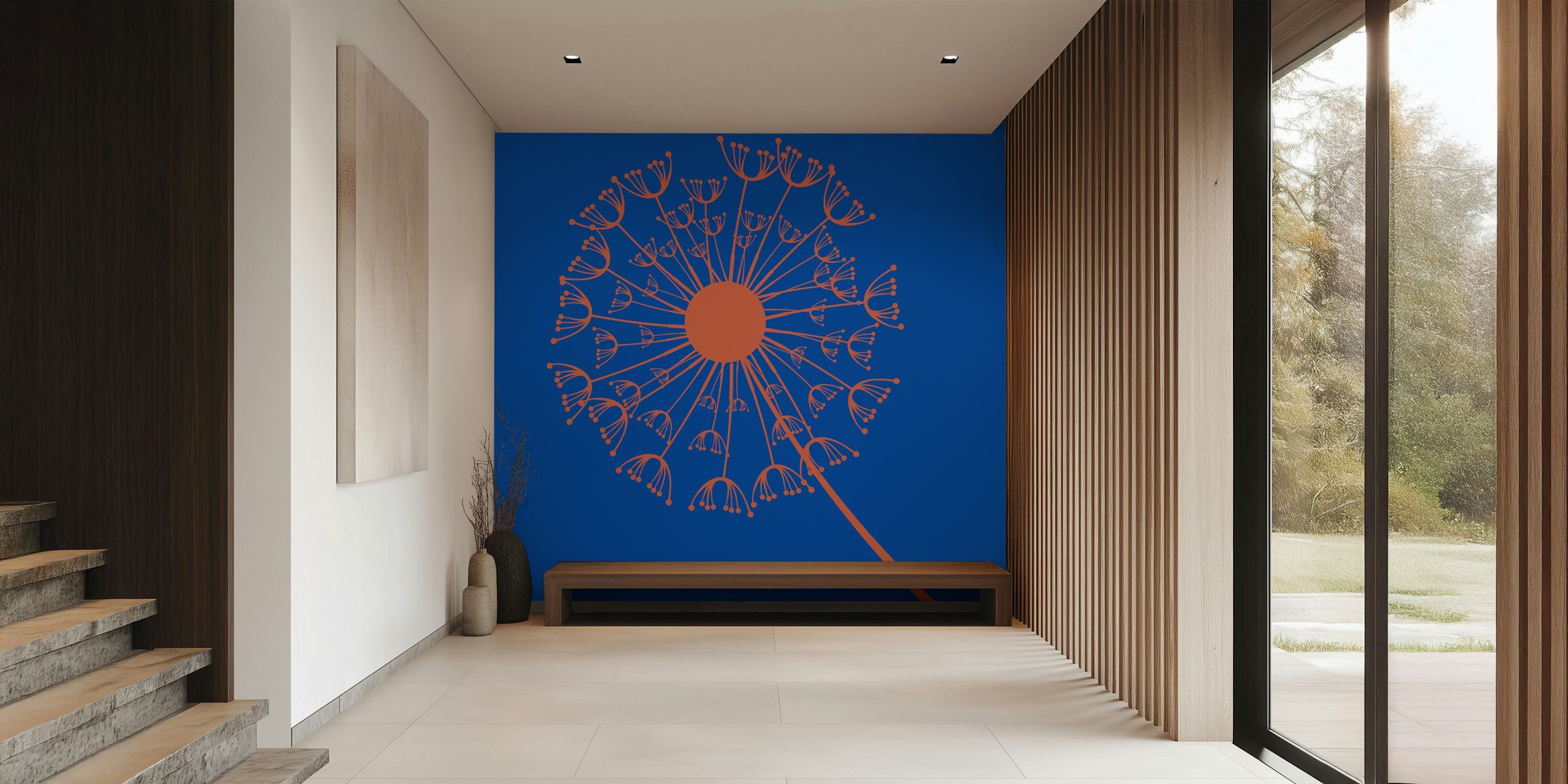 Azure blue orange dandelion wallpaper in a room