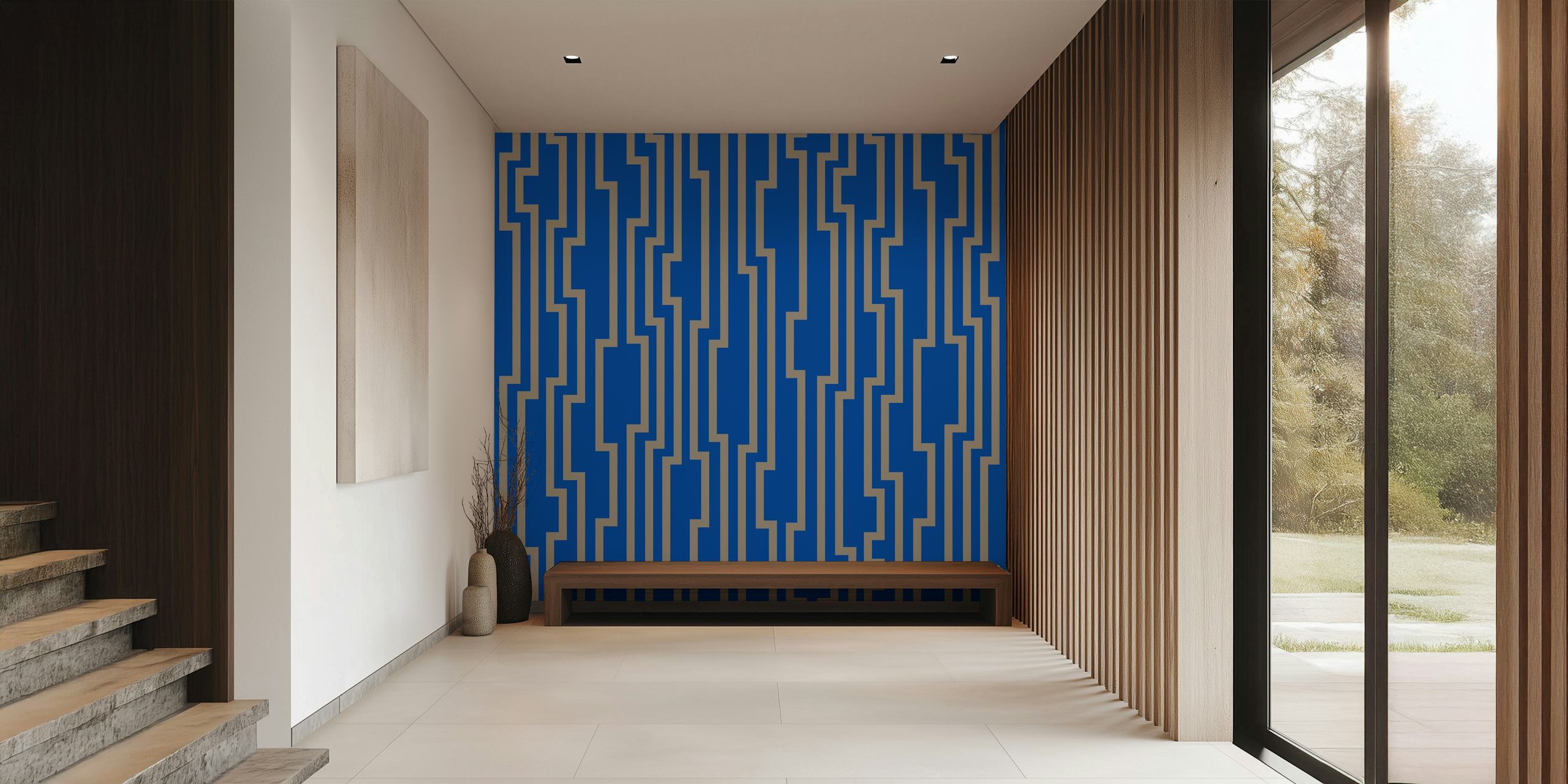 Geometric zig zag stripes wall mural in tan and blue colors.