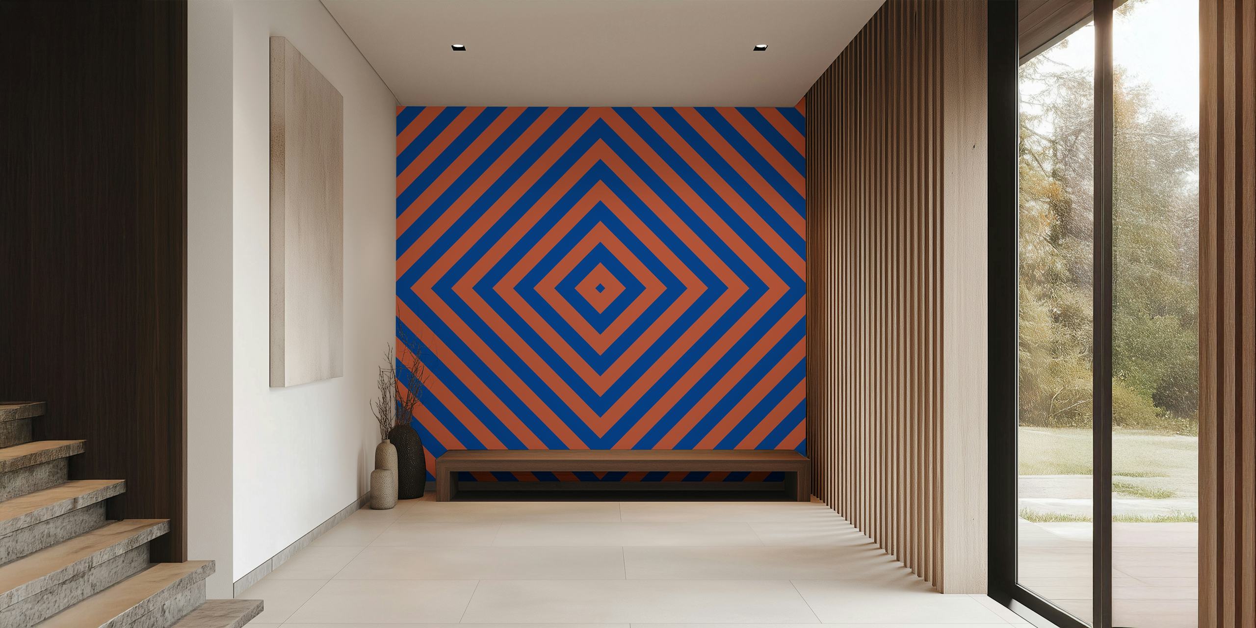 Geometric pattern with rust orange and blue diagonal stripes wallpaper