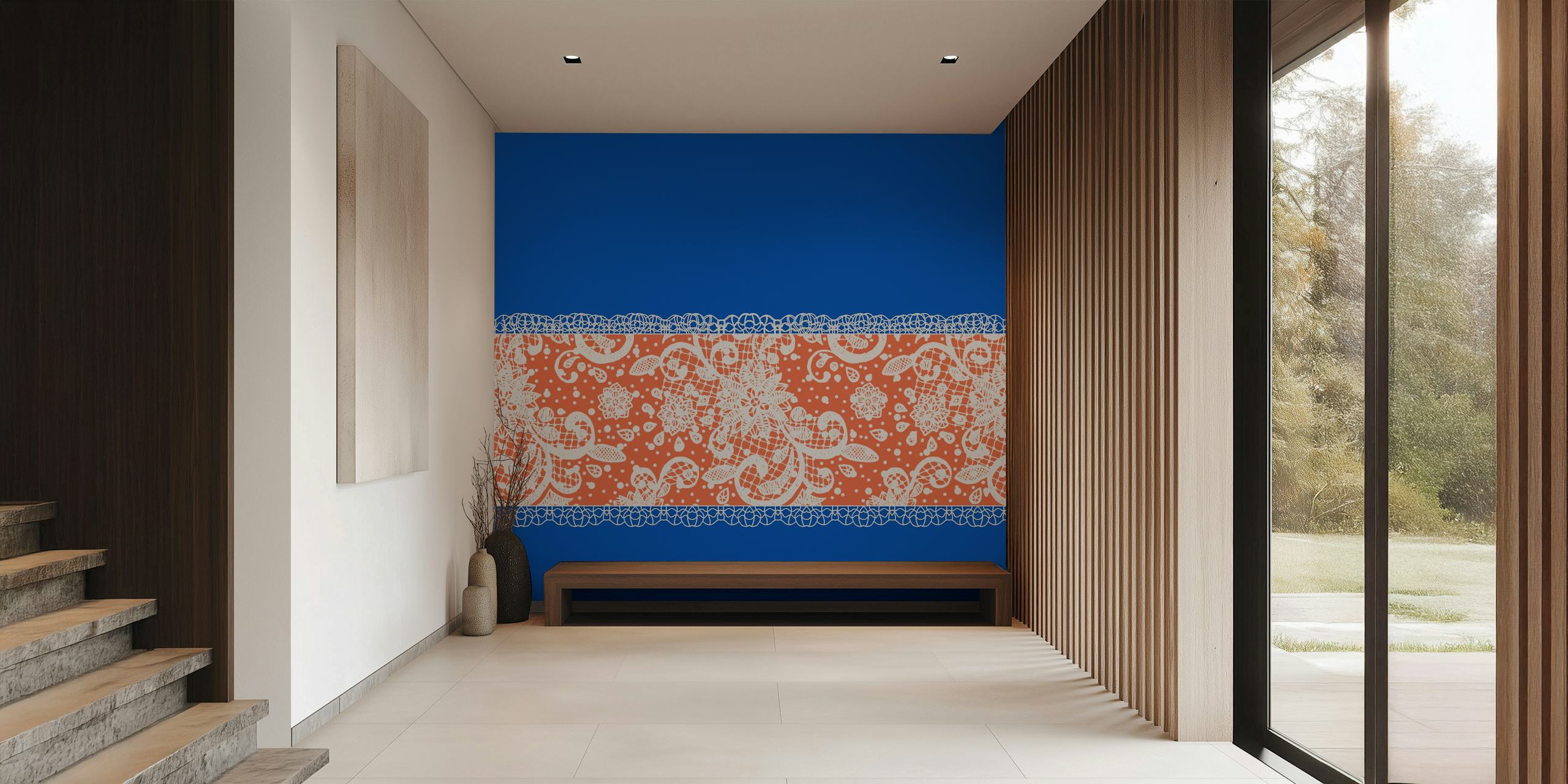 Blue white orange lace tapetti huoneessa