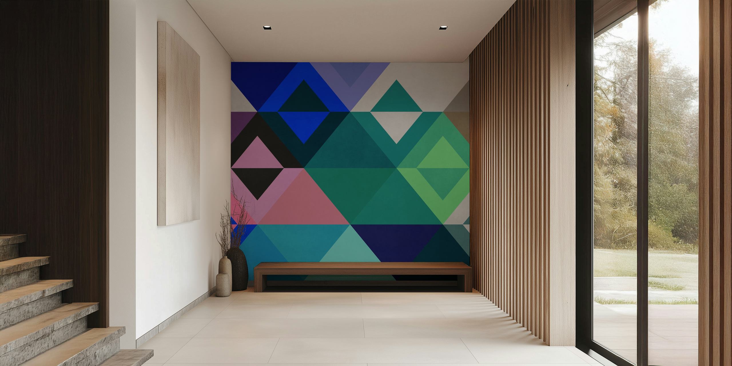 Colorful geometric pattern wallpaper in a room