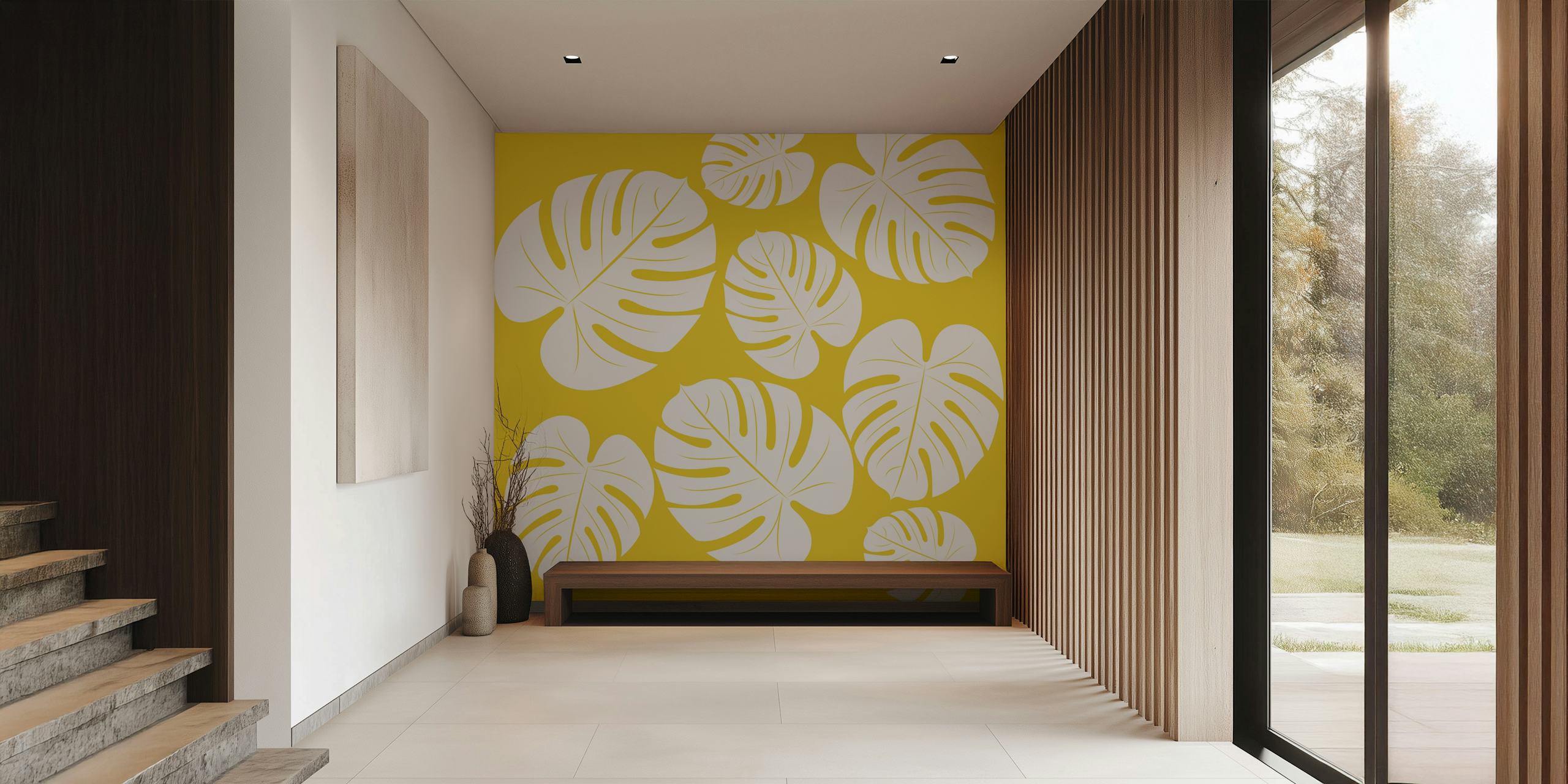 Ταπετσαρία Jumbo Palm Leaves με λευκή φυλλωσιά σε κίτρινο φόντο