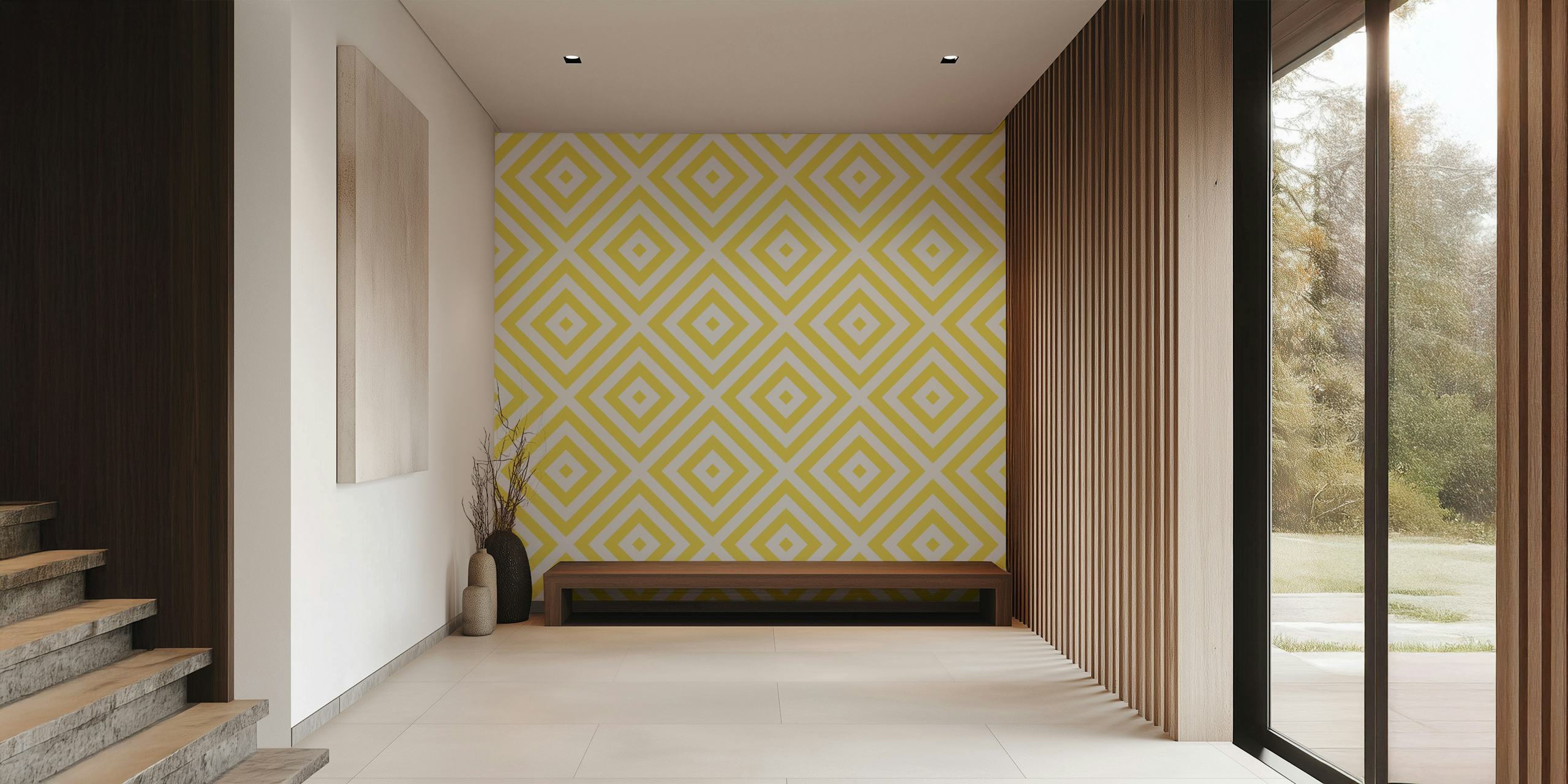 Geometric square pattern in yellow and white wallpaper
