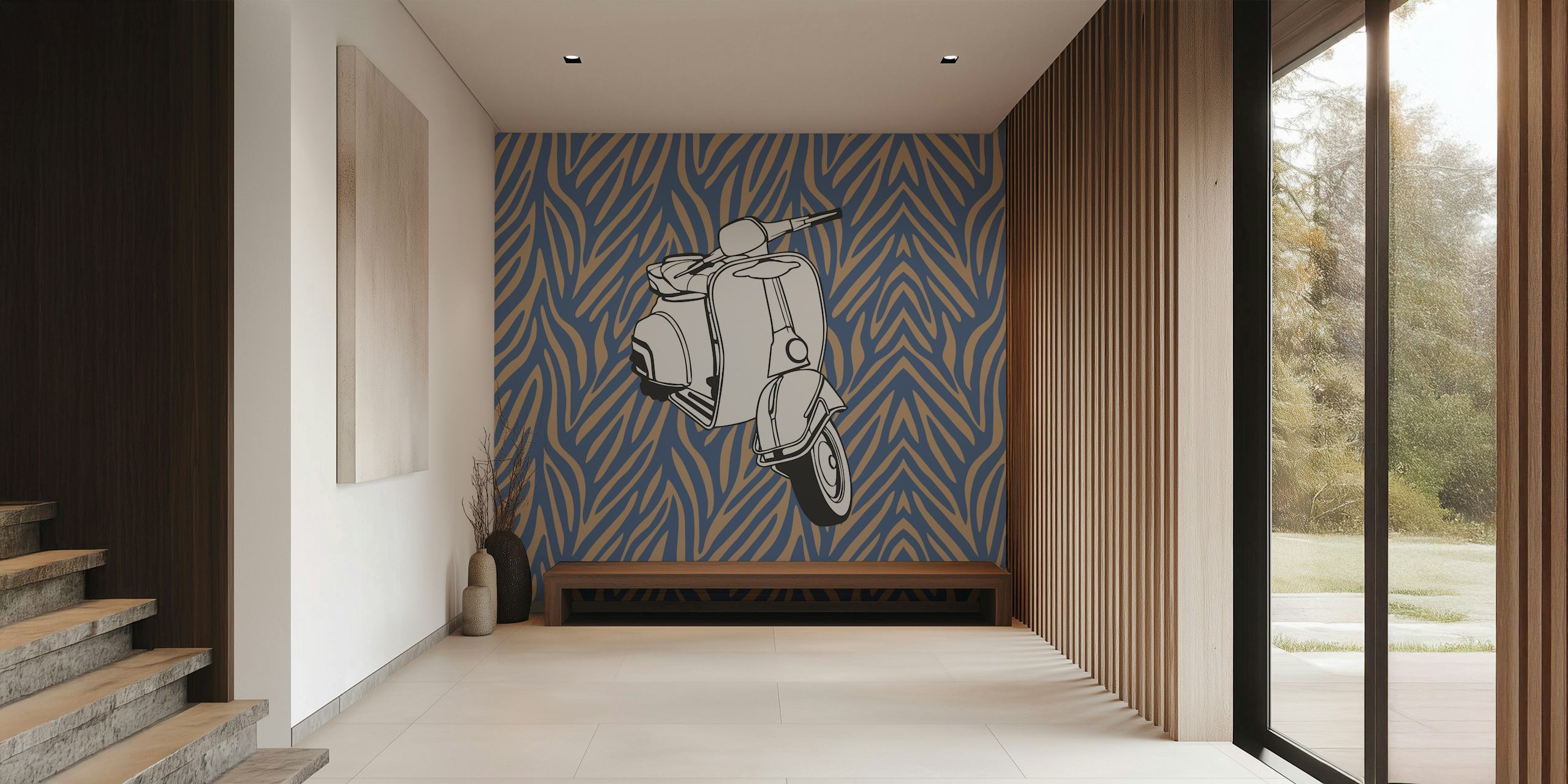 Monochrome taupe blue zebra vespa papel de parede em um quarto
