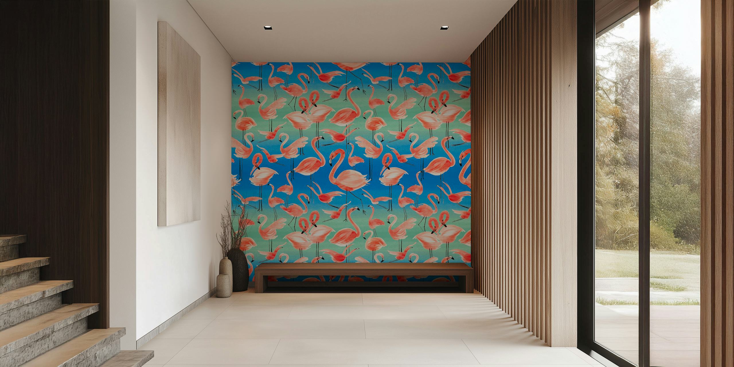 Watercolor pink flamingos on blue and green background wallpaper