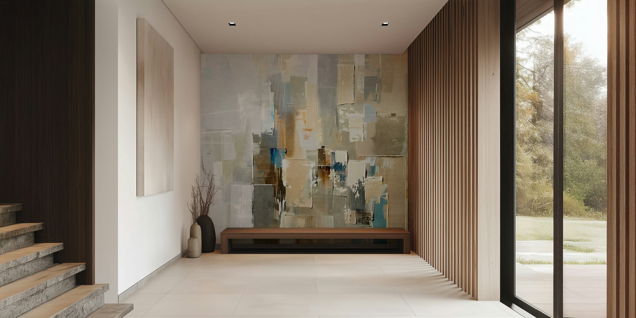 Cityscape wallpaper displayed in a modern room