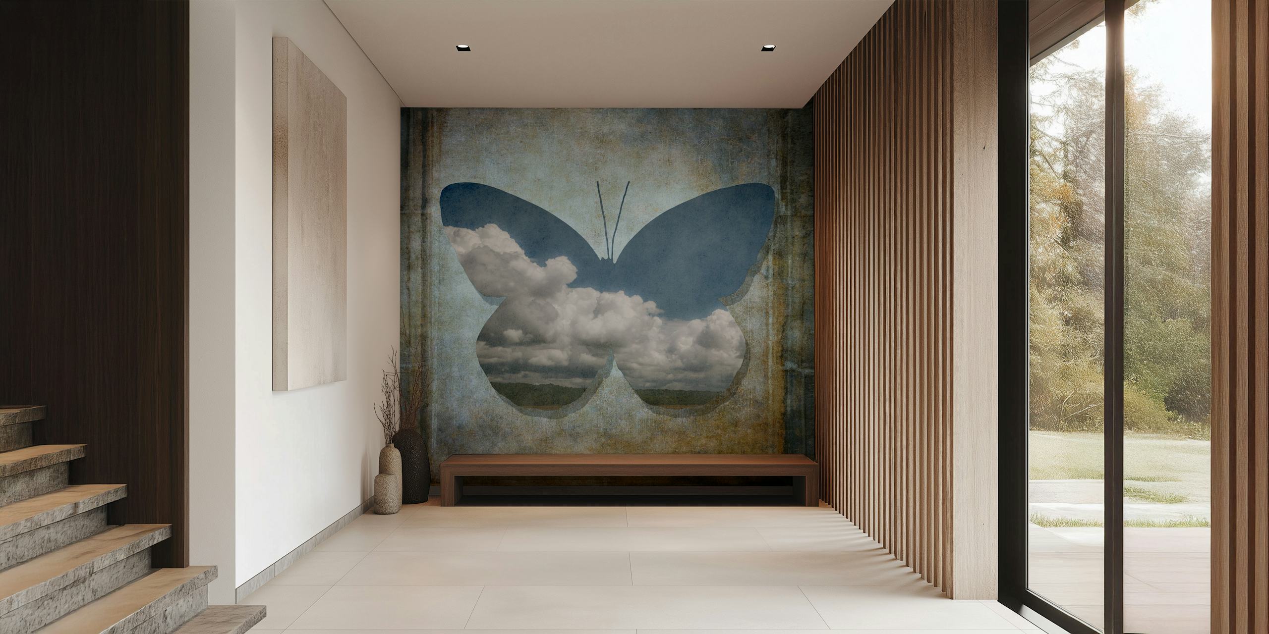 Butterfly silhouette with clouds inside on textured background wallpaper