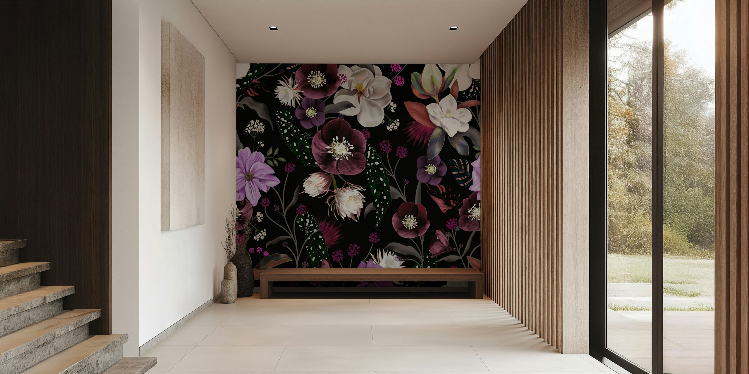 Papel de parede Midnight Dark Botanical Dream em um quarto