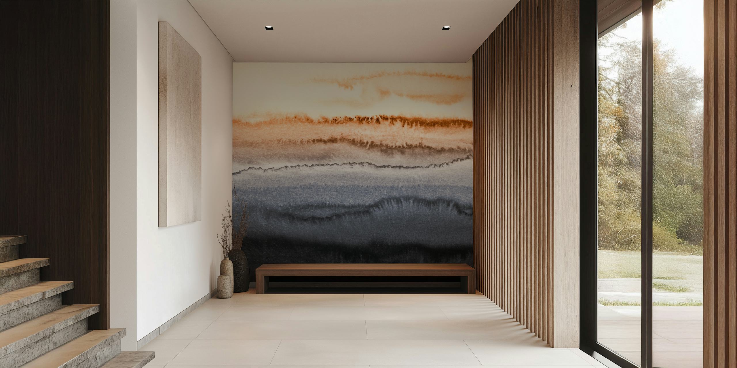 Abstract watercolor wallpaper in sandy beige, rich gray, and deep blue tones