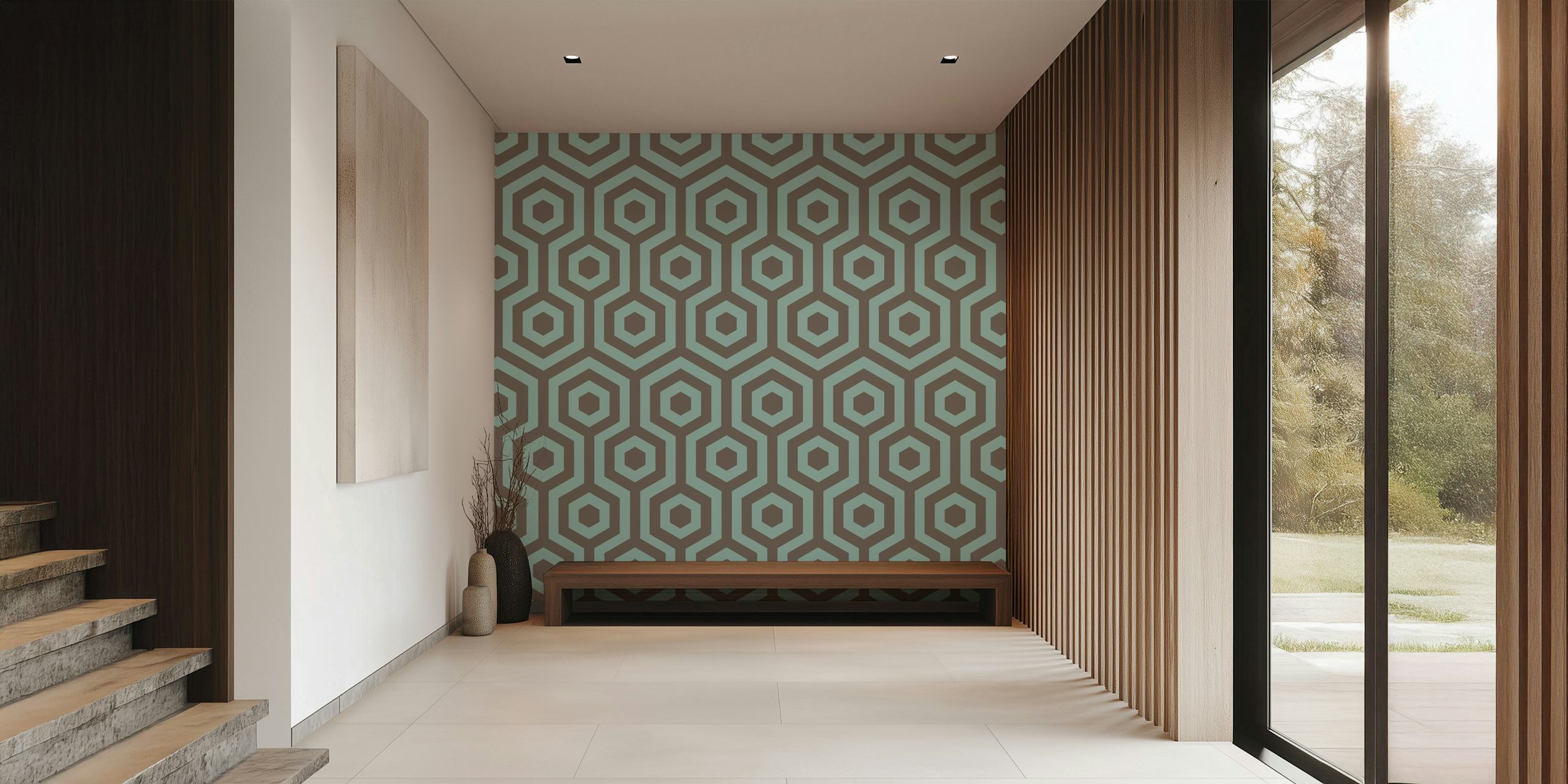 Hexagon pattern in pastel blue and brown wallpaper
