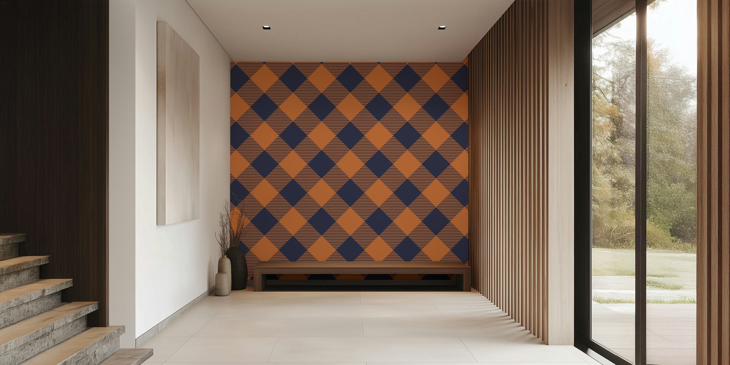 Dark blue and orange gingham pattern wallpaper