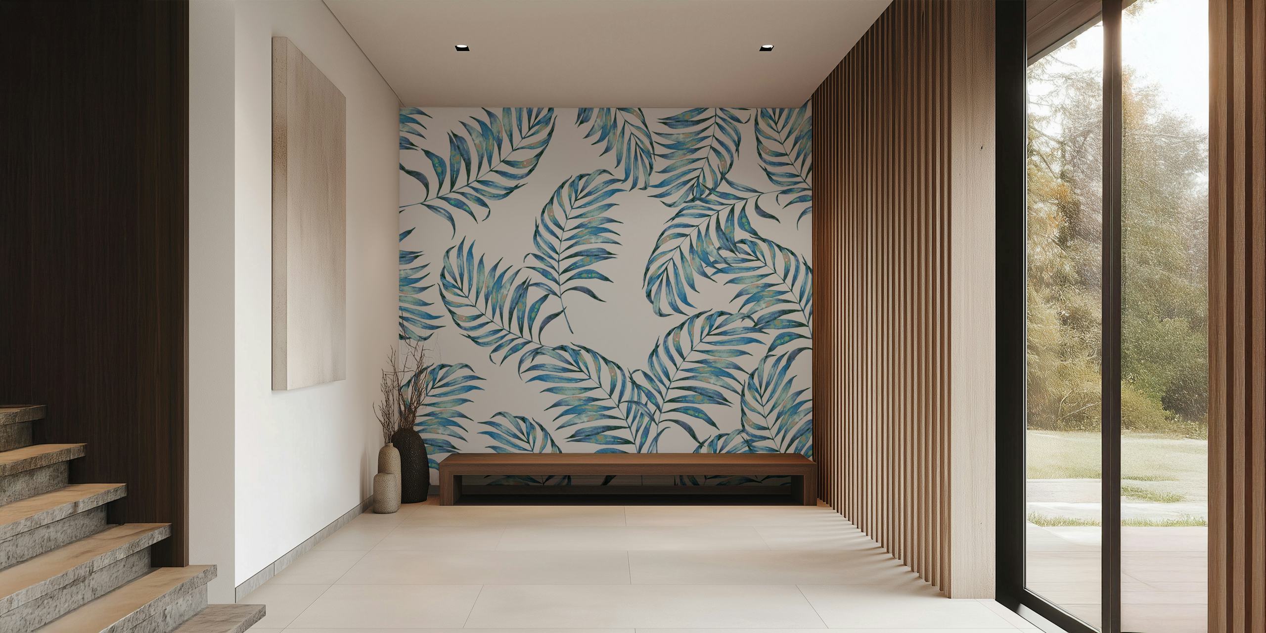 Blue tropical leaves design on white background wallpaper
