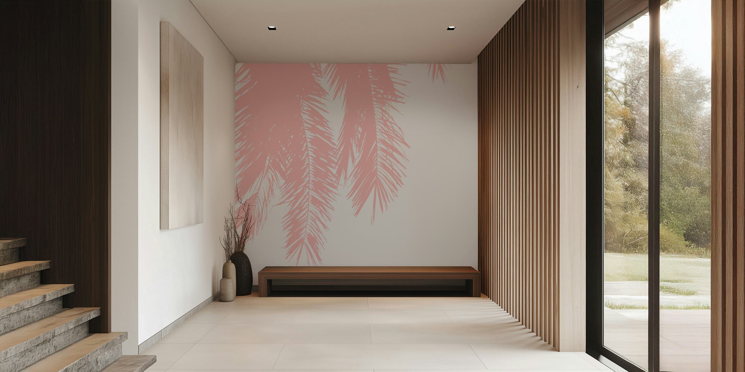 Tree Palm Leaves in Pastel Pink ταπετσαρία σε δωμάτιο