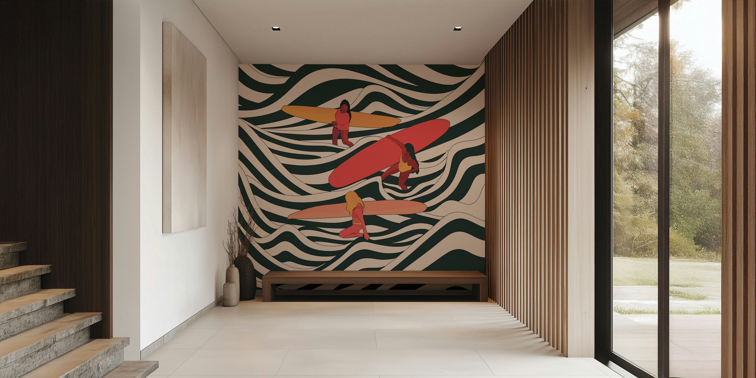 Three women surfing on dynamic waves with colorful boards in retro style wallpaper