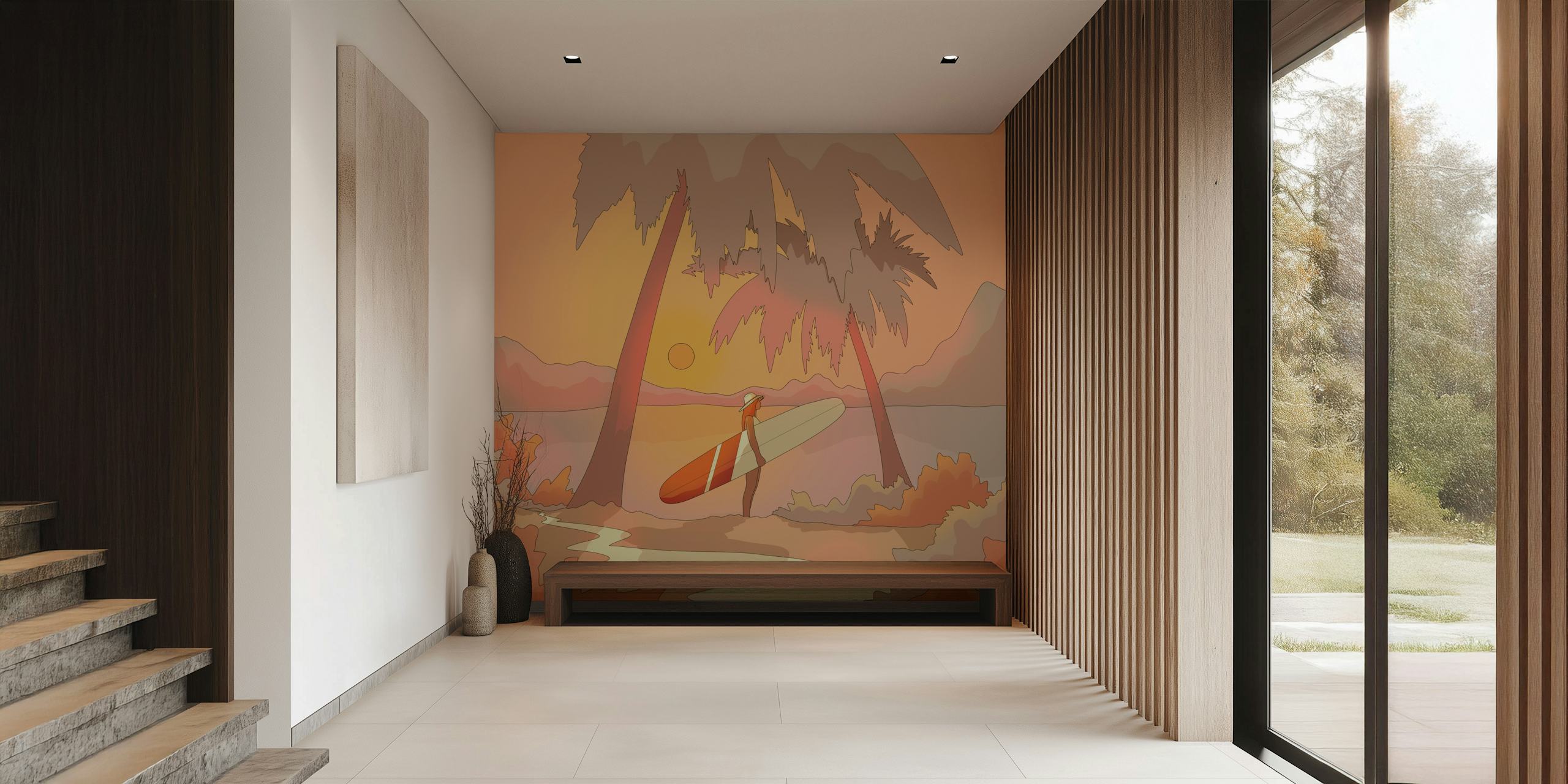 En person med et surfebrett under armen på vei mot havet med palmer og en pastellfarget solnedgang i bakgrunnen.