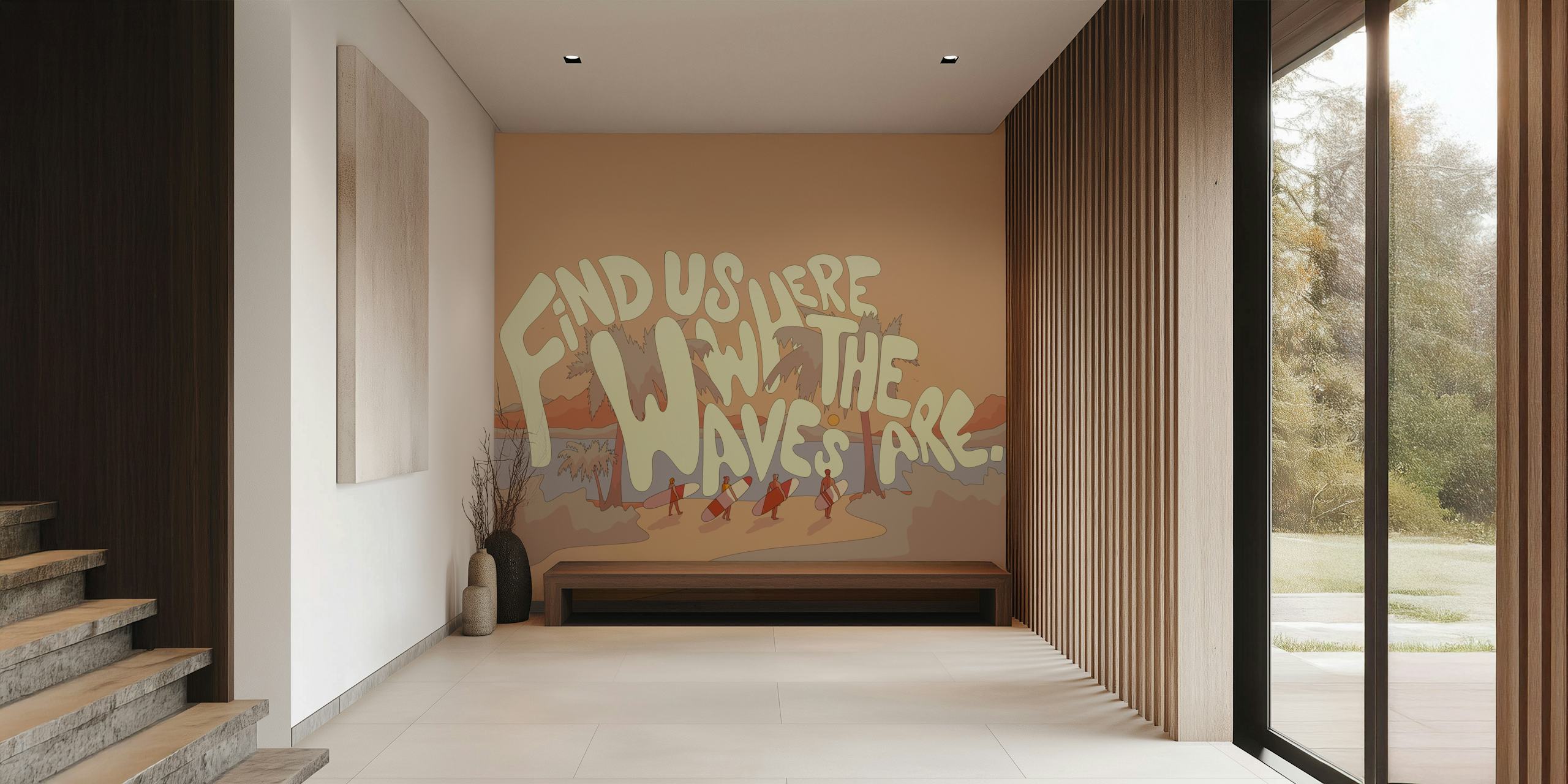 Murale sulla spiaggia costiera con il testo motivazionale Trovaci dove ci sono le onde e tenui tonalità del tramonto