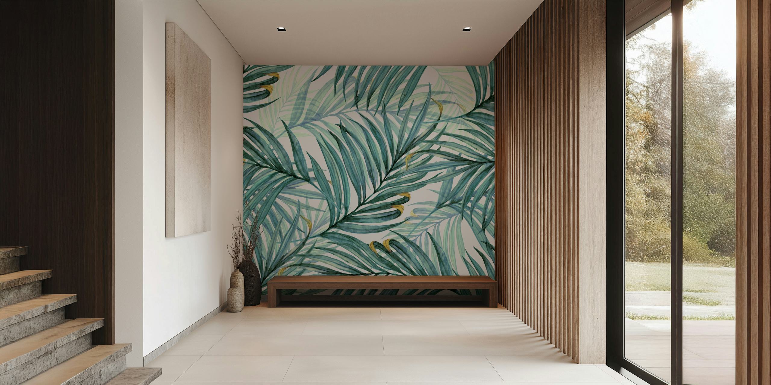 Palm Leaves Jumbo blågrøn vægmaleri med overdimensionerede palmebladsillustrationer i beroligende nuancer