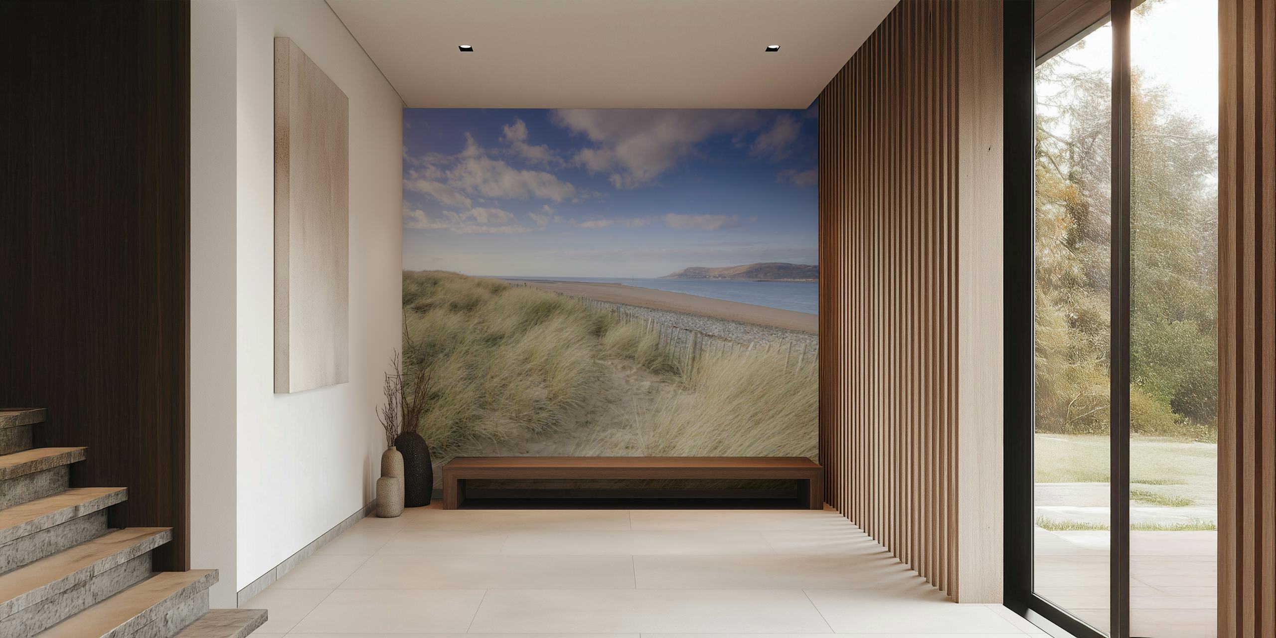 Fond d'écran de dunes de plage avec herbe côtière et vue sur la mer