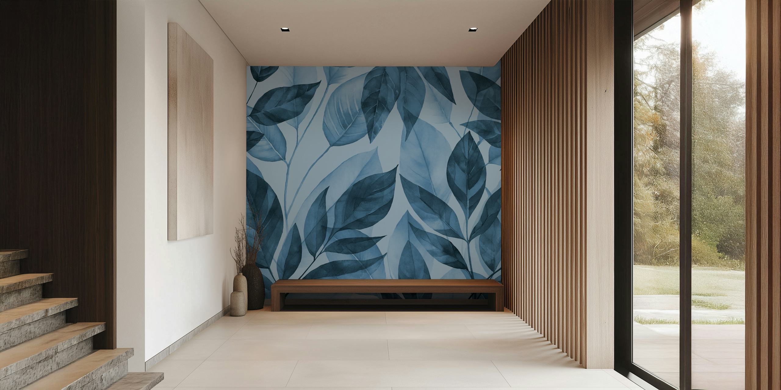 Calm Leaves Navy Blue Foliage behang in een kamer